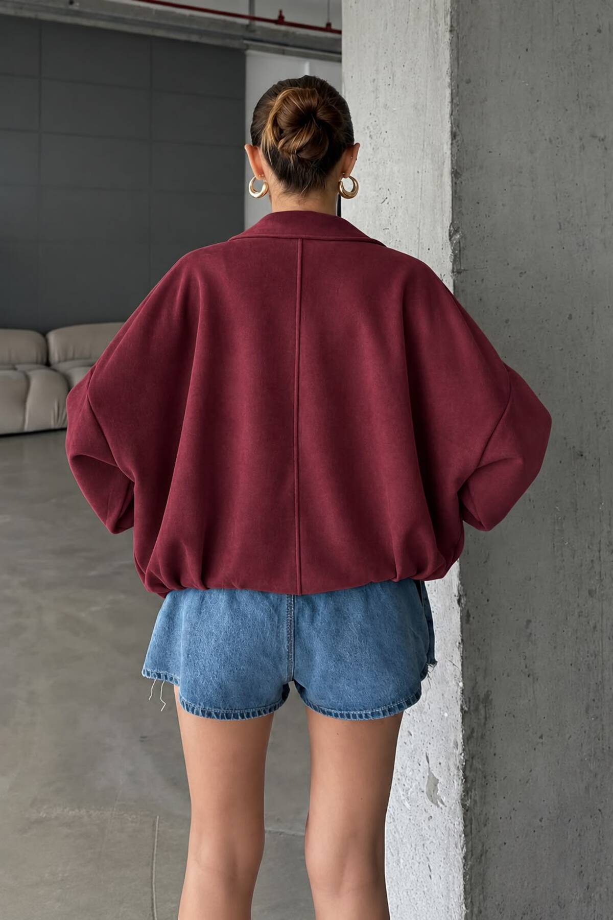 mega lucky Oversize Kadın Bomber Bordo Süet Deri Ceket görsel 3