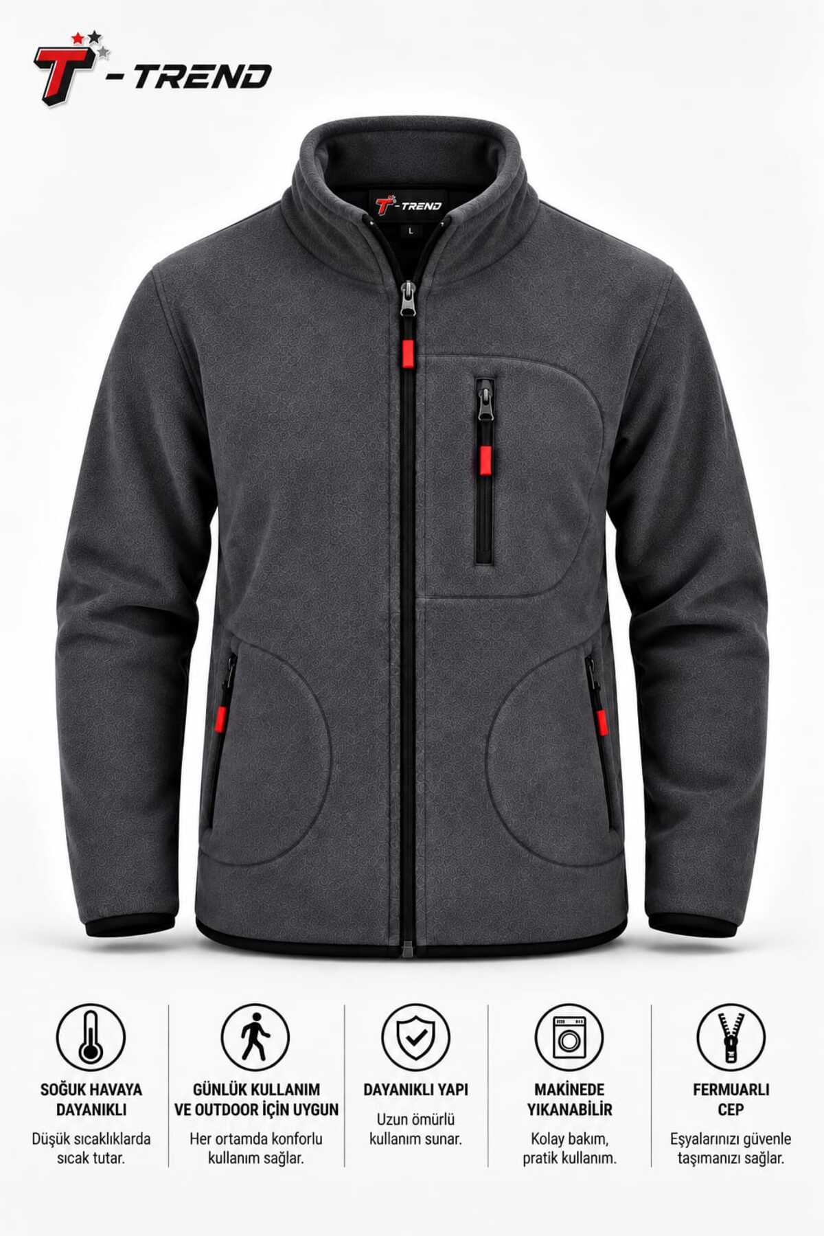 T.trend POLAR CEKET İKİLİ SET SİYAH GRİ REGULAR KALIP ERKEK/UNİSEX görsel 5