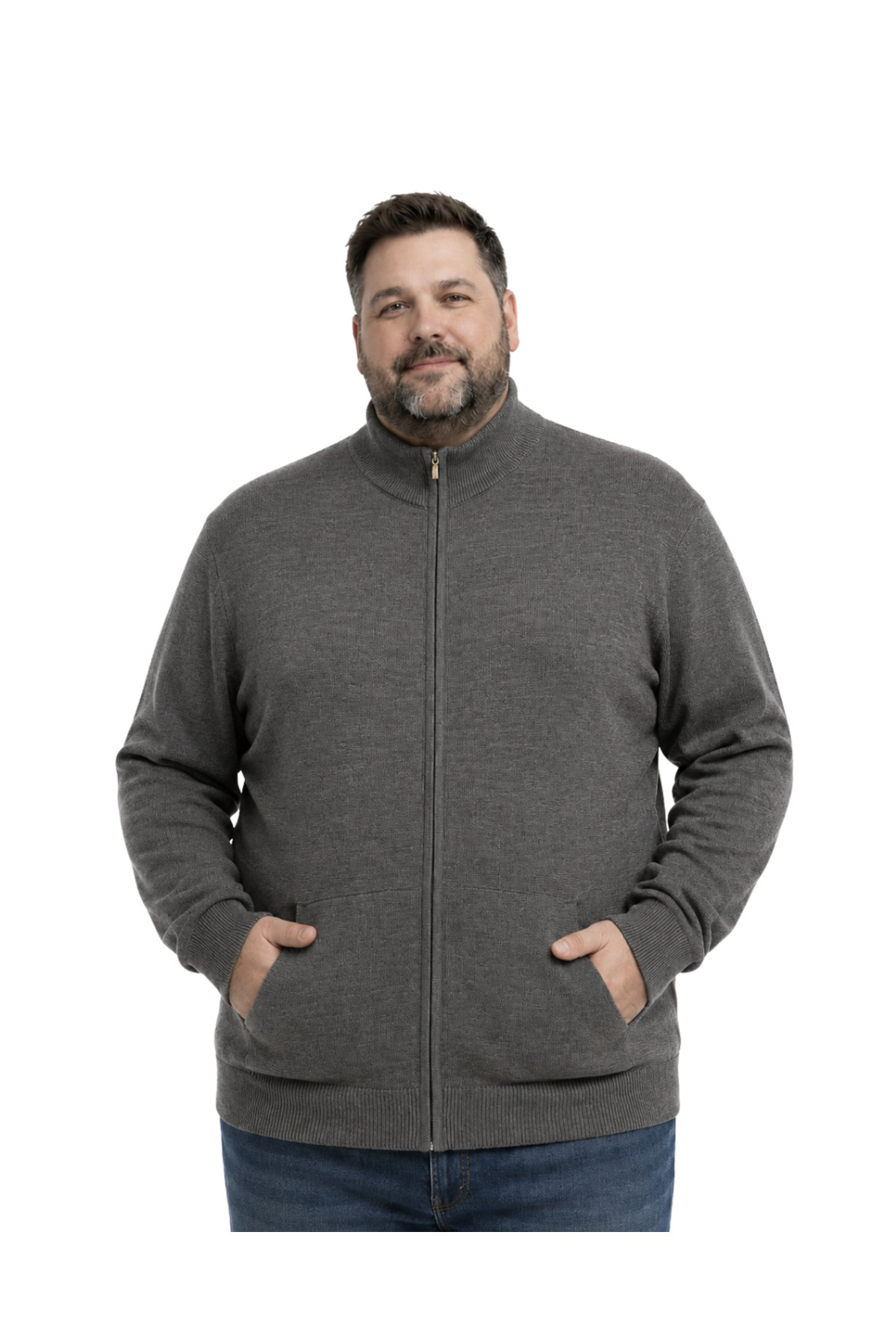 BattalModa Erkek Büyük Beden Koyu Vizon Basic Cepli Triko Hırka 3XL-4XL-5XL-6XL
