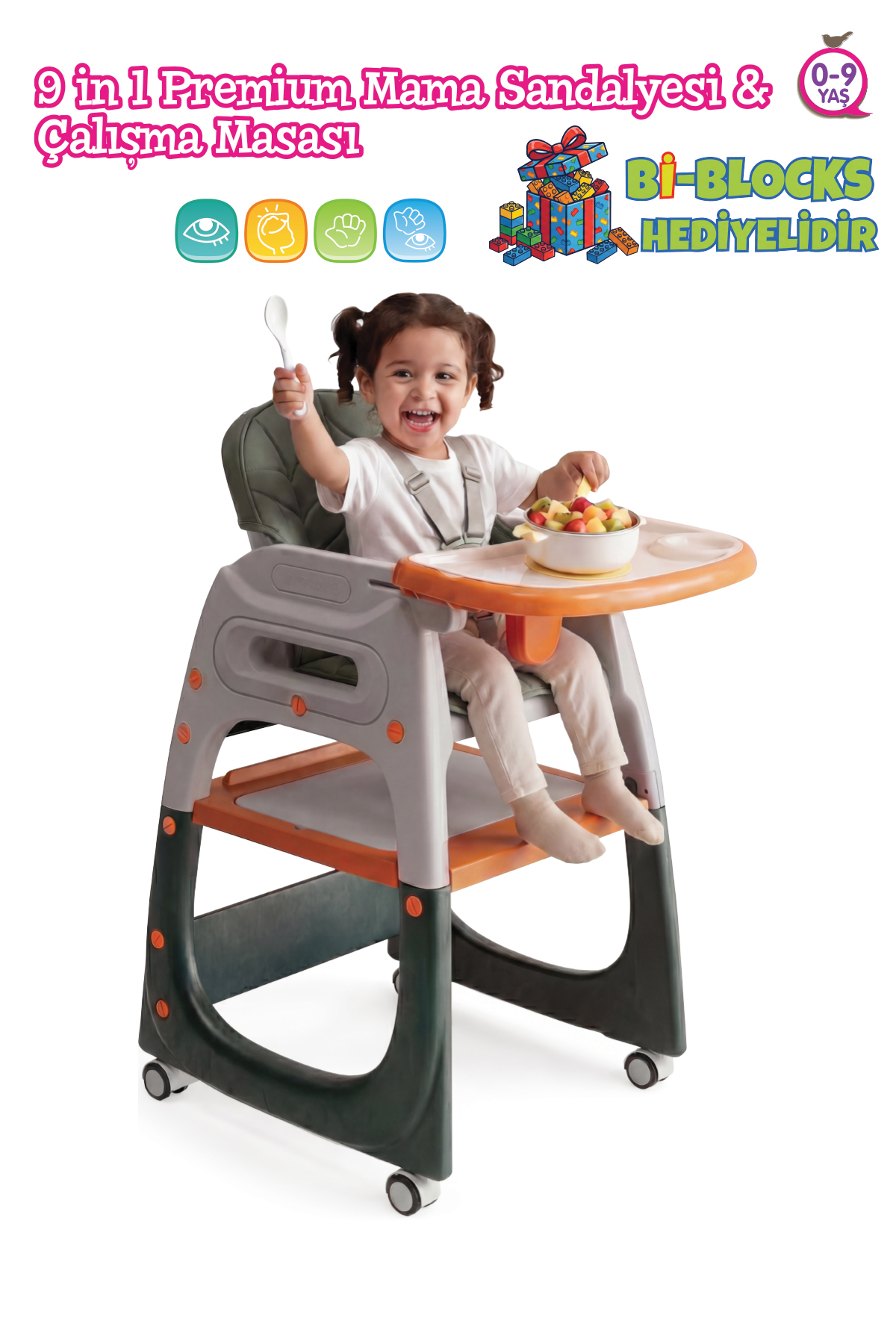 BABYCİM 9’u 1 Arada Dönüşebilen Mama Sandalyesi ve Aktivite Masası - Turuncu
