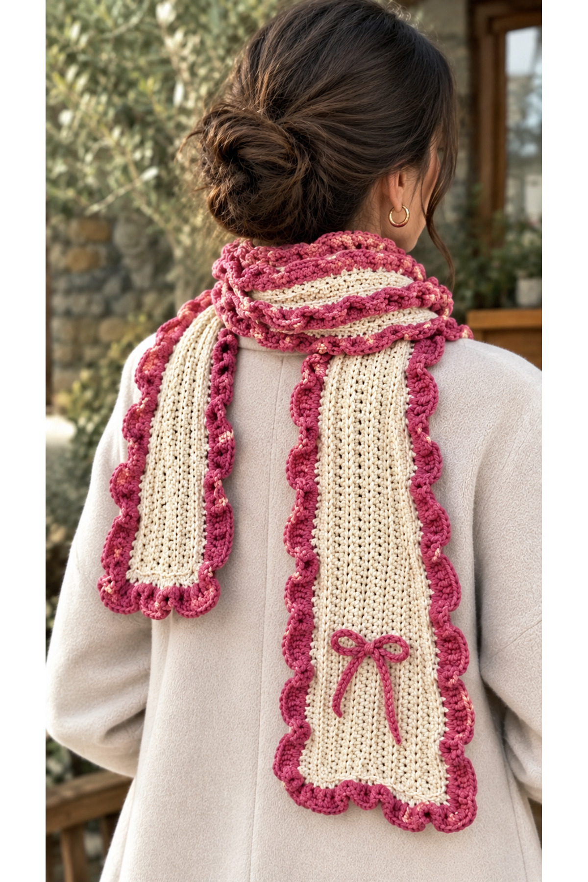 Walora Rose Collection El Örgüsü Pinterest Özel Tasarım Kadın Atkı, Beyaz & Gül Kurusu Fırfırlı Örgü Atkı görsel 2