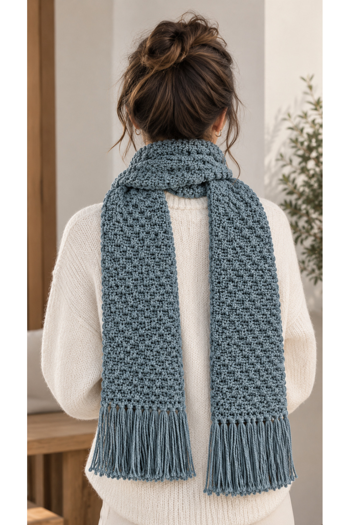 Walora Blur Colection El Örgüsü Unisex El Örgüsü Atkı Çelik Mavi Gri Kalın Örgü Püsküllü Kışlık Atkı görsel 3
