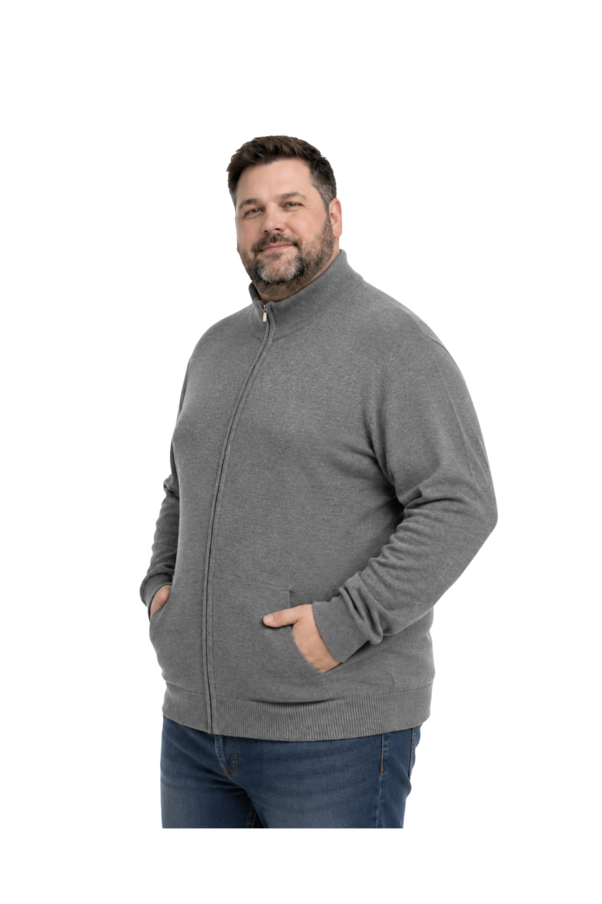 BattalModa Erkek Büyük Beden Füme Basic Cepli Triko Hırka 3XL-4XL-5XL-6XL görsel 2