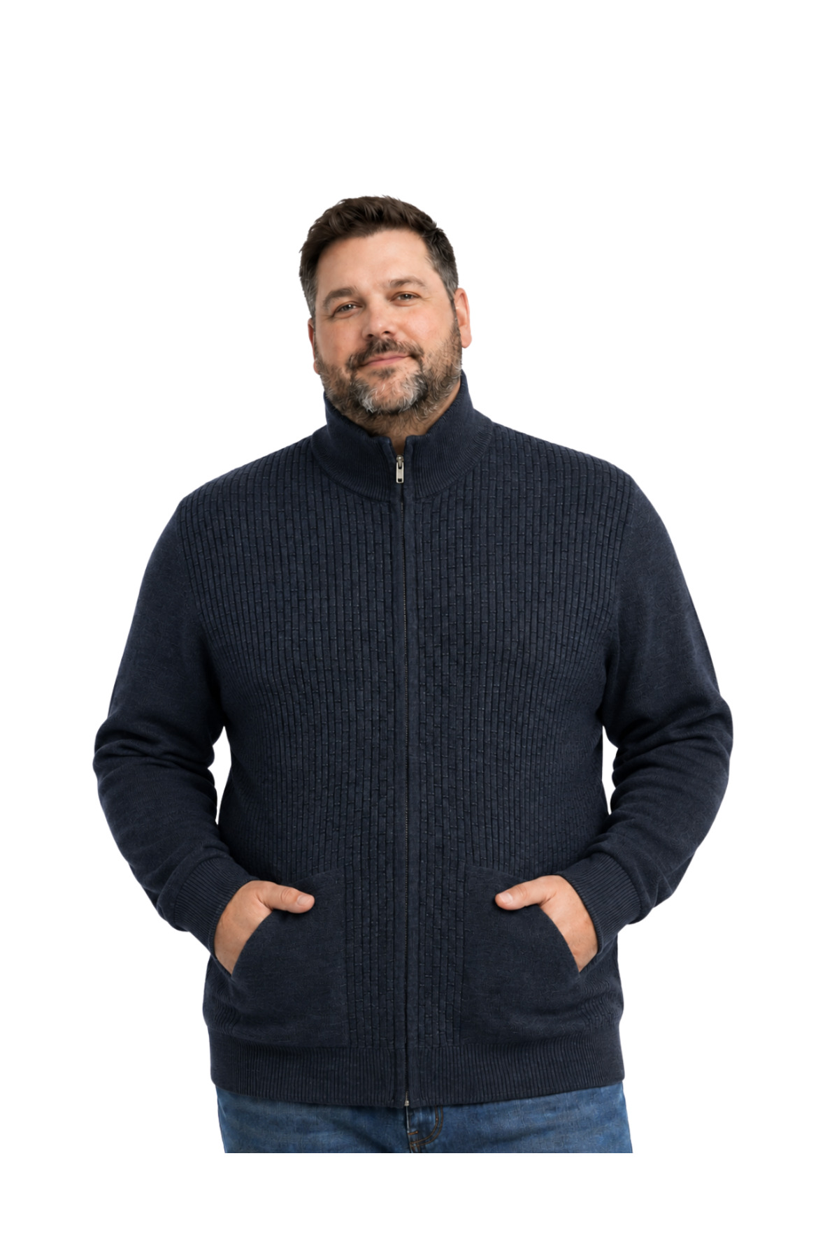 BattalModa Erkek Büyük Beden Melanj Lacivert Dikey Örgü Cepli Triko Hırka 3XL-4XL-5XL-6XL