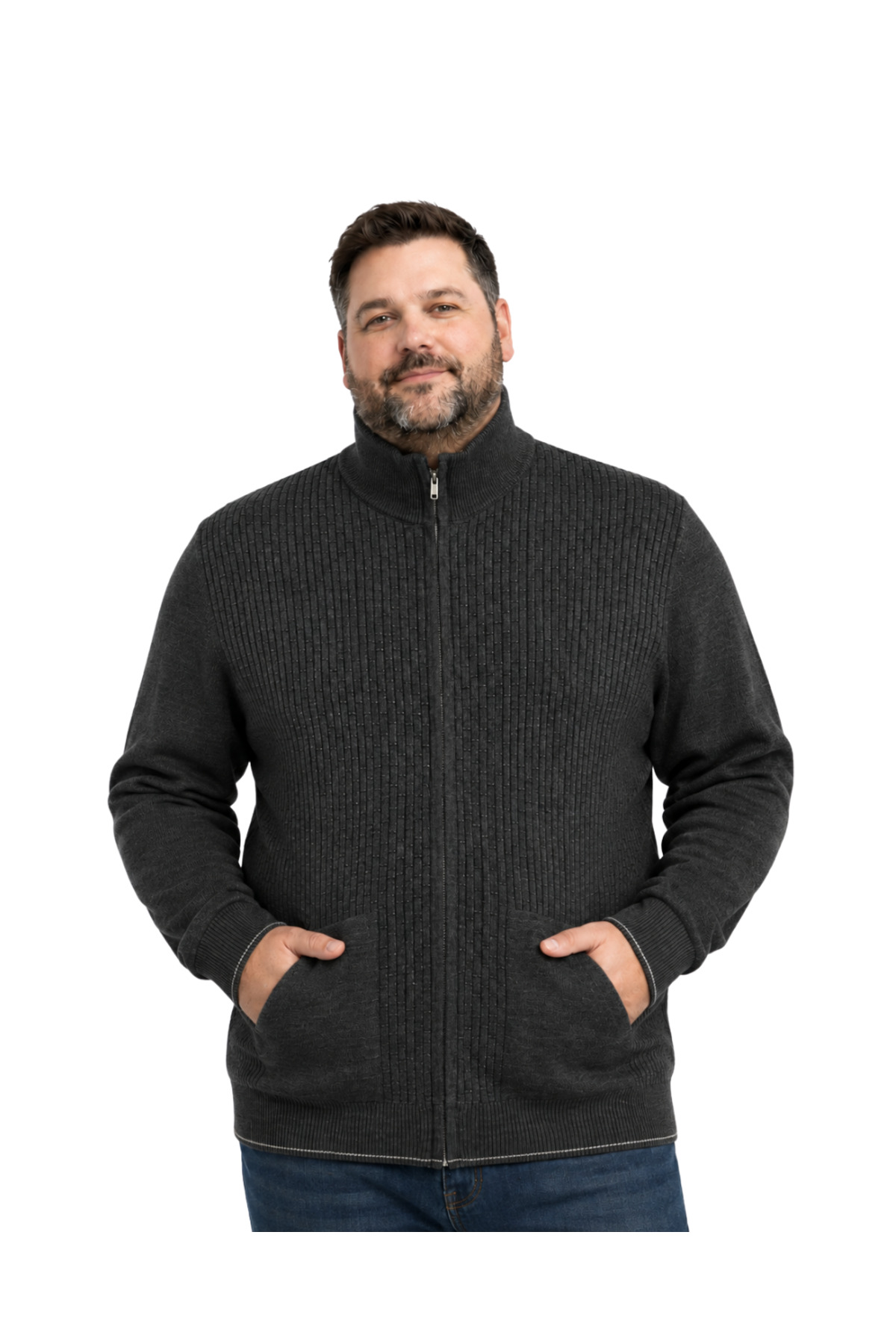 BattalModa Erkek Büyük Beden Antrasit Dikey Örgü Cepli Triko Hırka 3XL-4XL-5XL-6XL