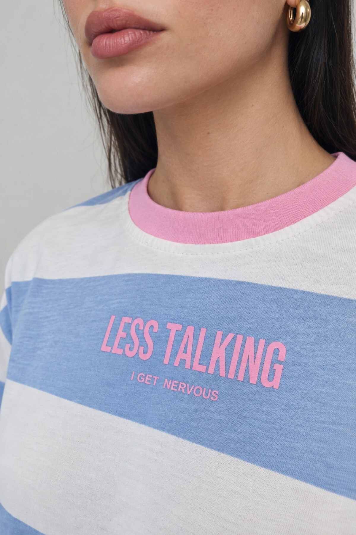 CrepTekstil Kadın Çizgili Uzun Kollu Tişört Less Talking Baskılı Mavi Beyaz, %100 Pamuk görsel 8