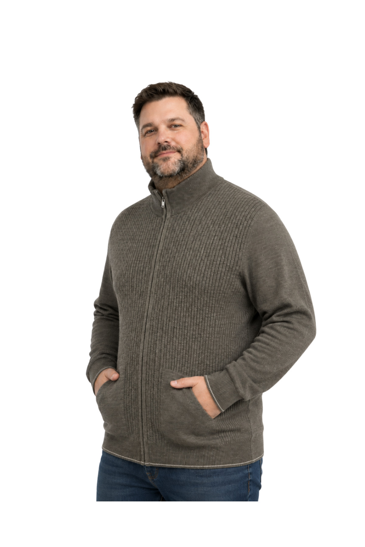 BattalModa Erkek Büyük Beden Koyu Vizon Dikey Örgü Cepli Triko Hırka 3XL-4XL-5XL-6XL görsel 2