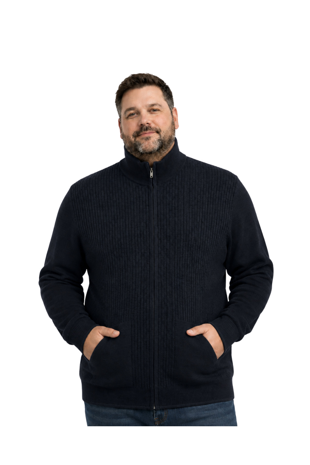BattalModa Erkek Büyük Beden Lacivert Dikey Örgü Cepli Triko Hırka 3XL-4XL-5XL-6XL