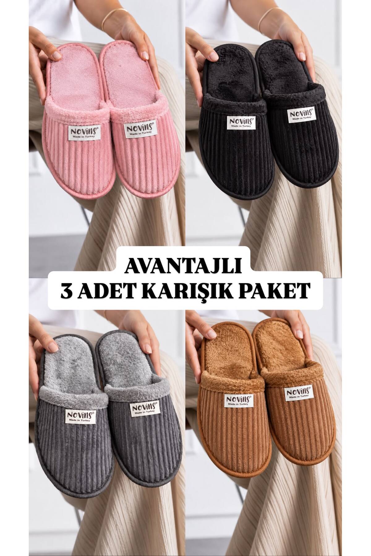 NOVİNS 3 Çift Avantajlı Karma Paket Fitilli Kumaş Peluş Ev Terliği Yumuşak Kürklü Sıcak Kışlık Unisex Ev Terliği
