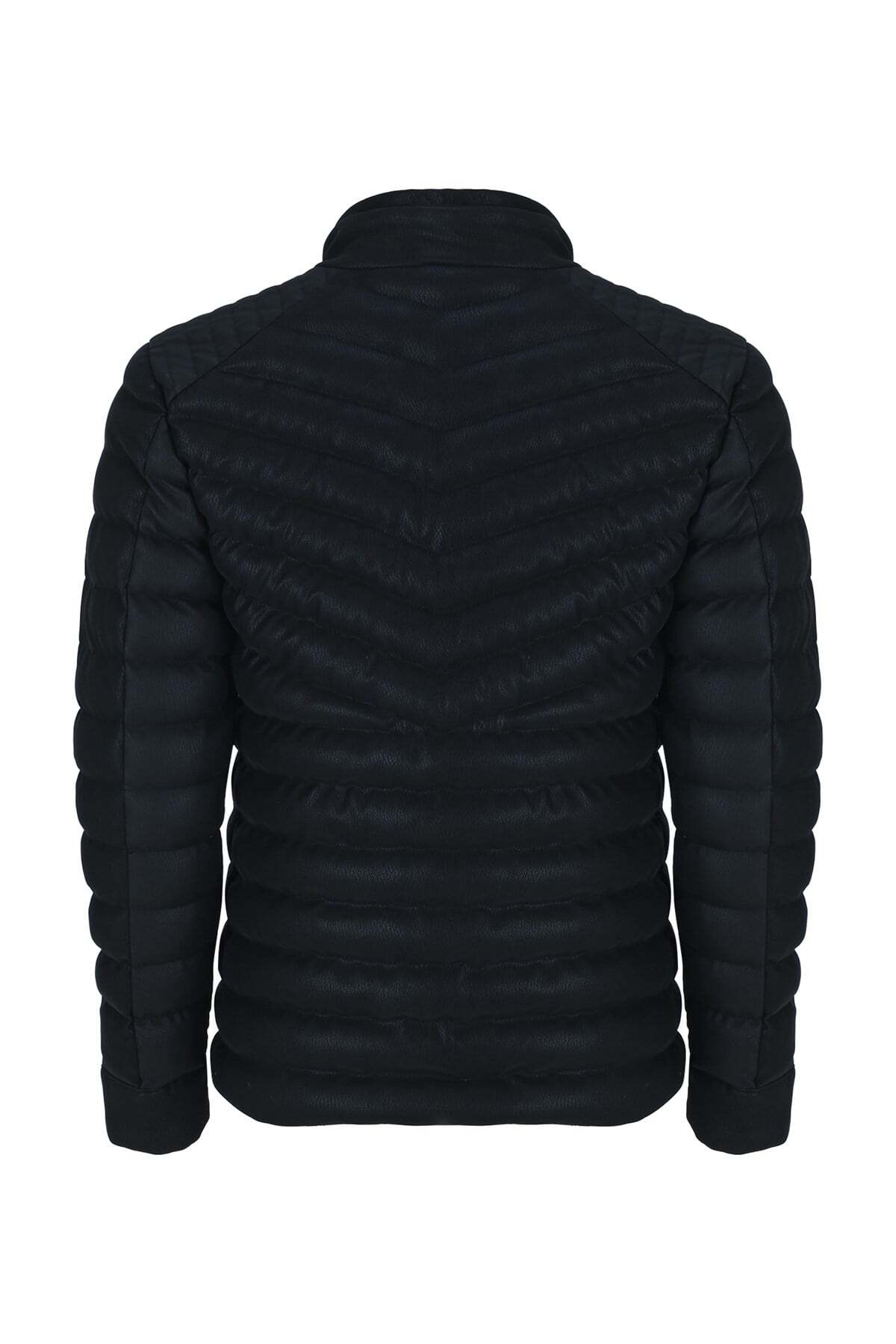Erkek Siyah Slim Fit Içi Kalın Kürklü Su İtici Şişme Kaz Tüyü Karışımlı İthal Deri Ceket & Mont görsel 3