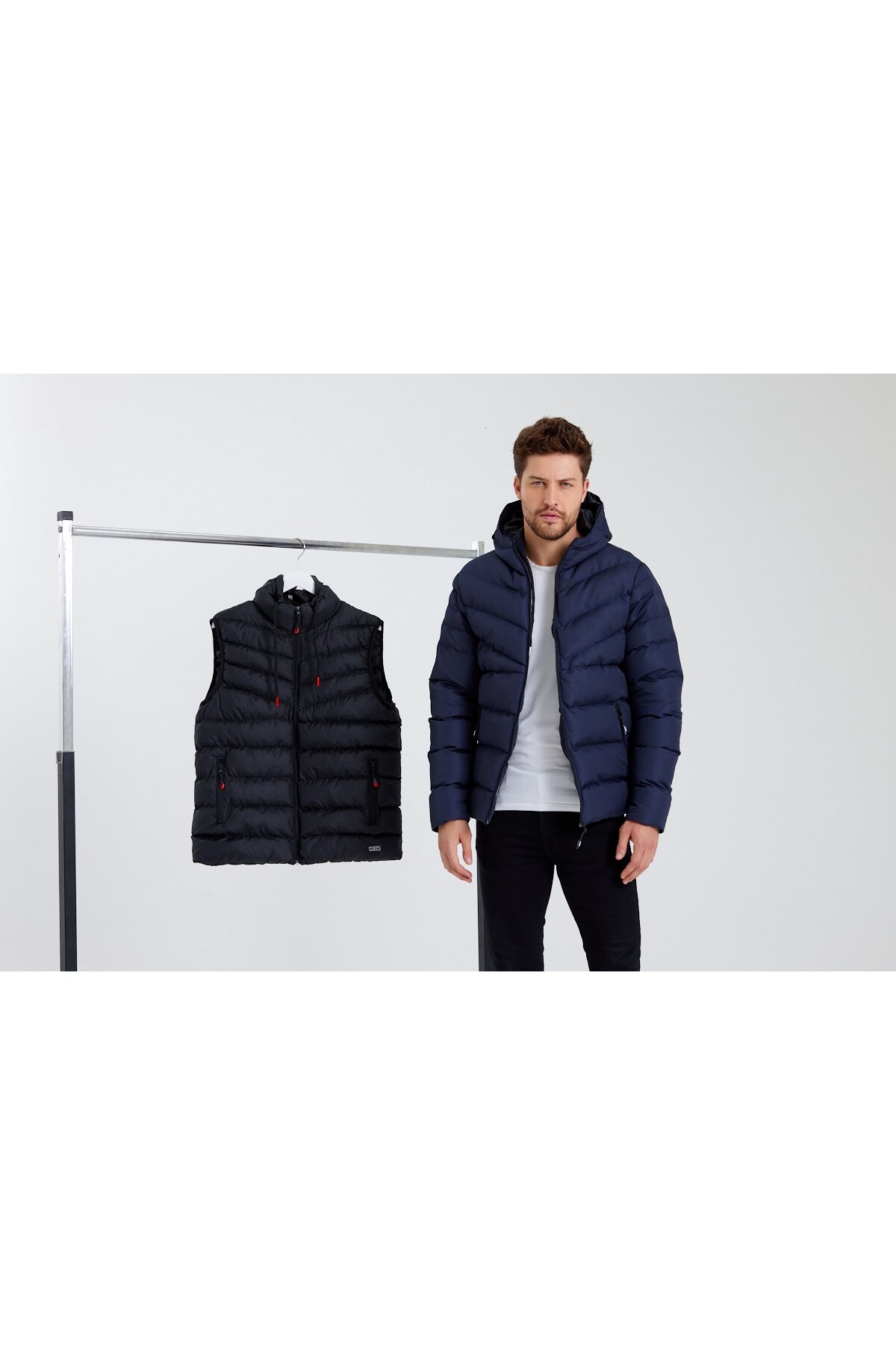 Erkek Yeşil & Krem Kapüşonlu Şişme Mont & Yelek Paket - Lacivert