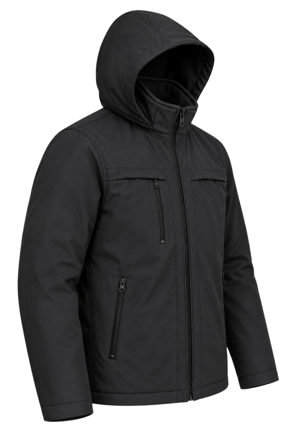 Erkek Kapüşonlu Softshell Mont Su Geçirmez Fermuarlı Cepli Mevsimlik Mont — مشکی CVPSVS58 — تصویر 3 از 5