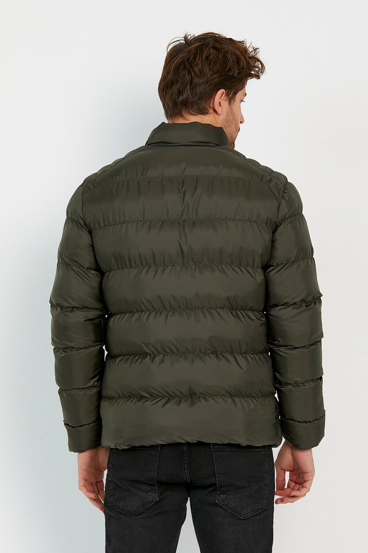 Erkek Yeşil Su ve Rüzgar Geçirmez Softshell Kapüşonlu Kalın Kürklü Şişme Mont görsel 5
