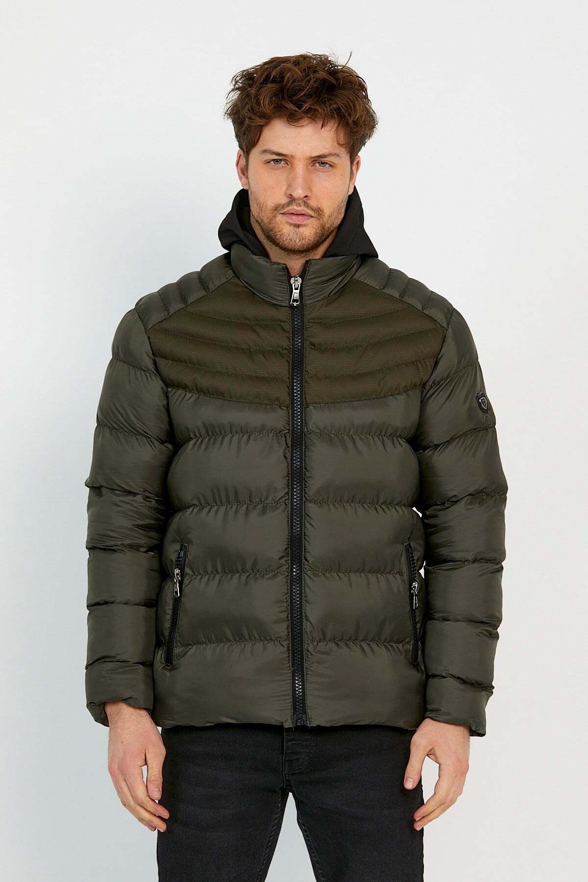 Erkek Yeşil Su ve Rüzgar Geçirmez Softshell Kapüşonlu Kalın Kürklü Şişme Mont