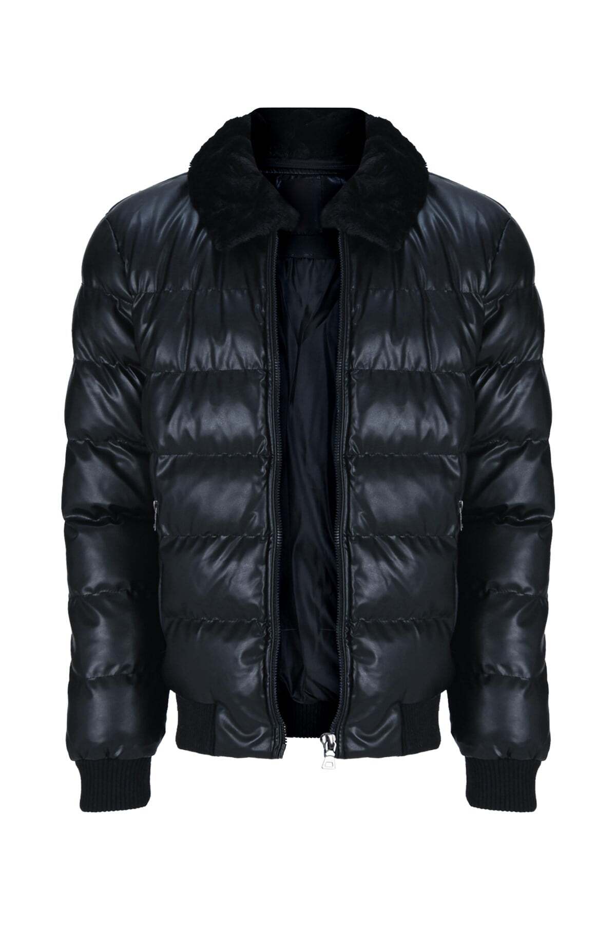 Erkek Siyah Slim Fit Içi Kalın Yakası Kürklü Trikolu Su İtici Şişme Deri Ceket & Mont görsel 3