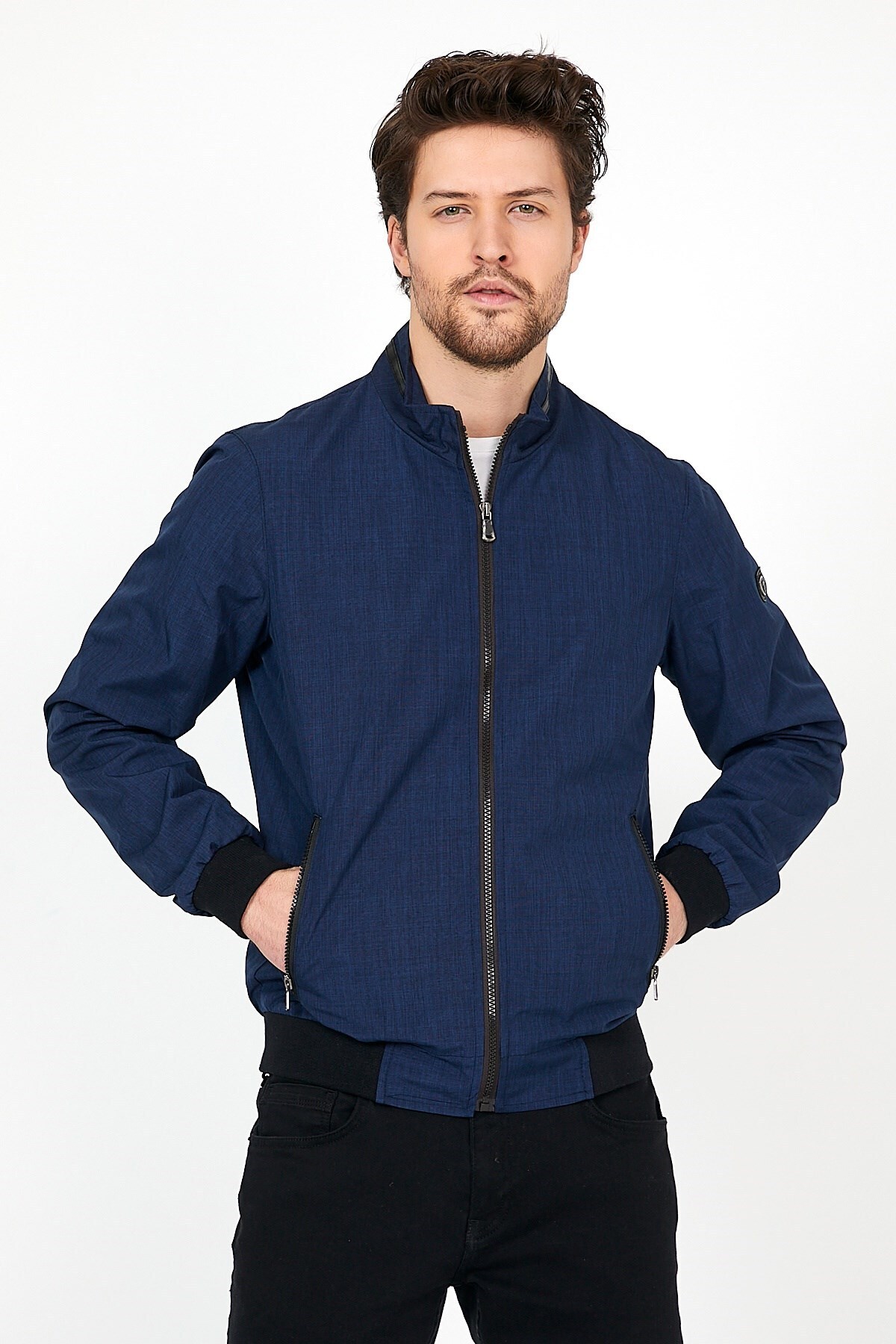 Yeni Sezon Erkek Lacivert Mevsimlik Triko ve Deri Biye Detaylı Fermuarlı İç Cepli Mont & Ceket görsel 4