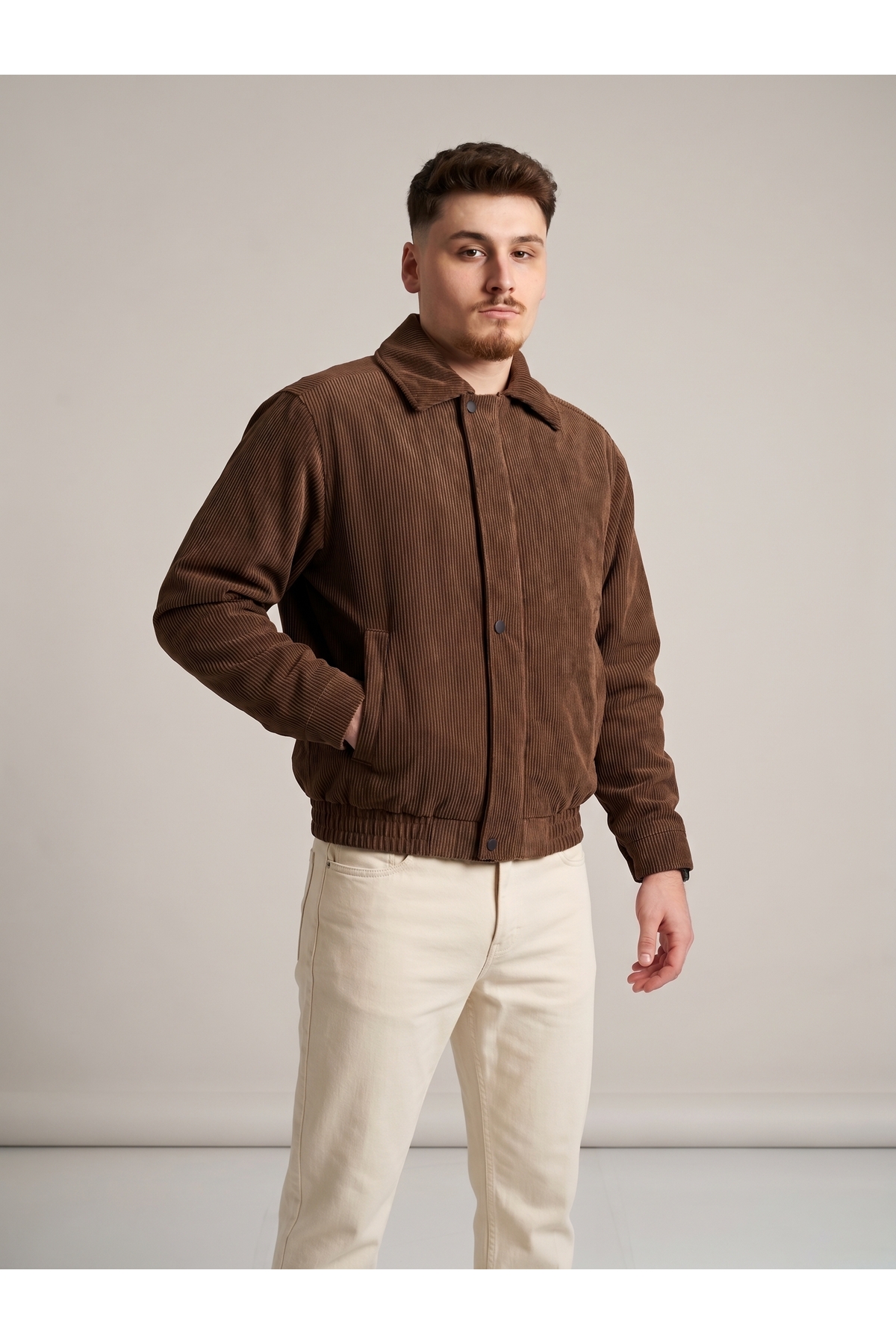 Erkek Fitilli Kadife Bomber Ceket Fermuarlı Çıtçıtlı Mont — قهوه‌ای 115 — تصویر 3 از 5