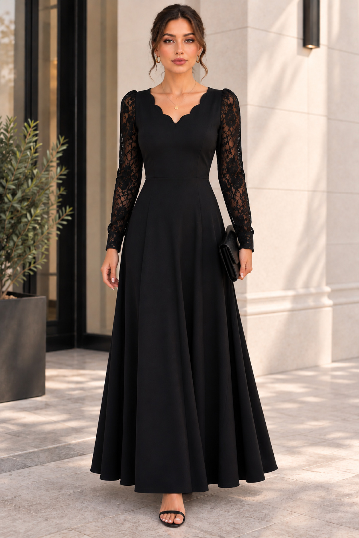 DRESSIFY WOMEN’S FASHION Kadın Uzun Kollu Dalgalı V Yaka Dantel Kol Detaylı Krep Uzun Abiye Elbise görsel 4
