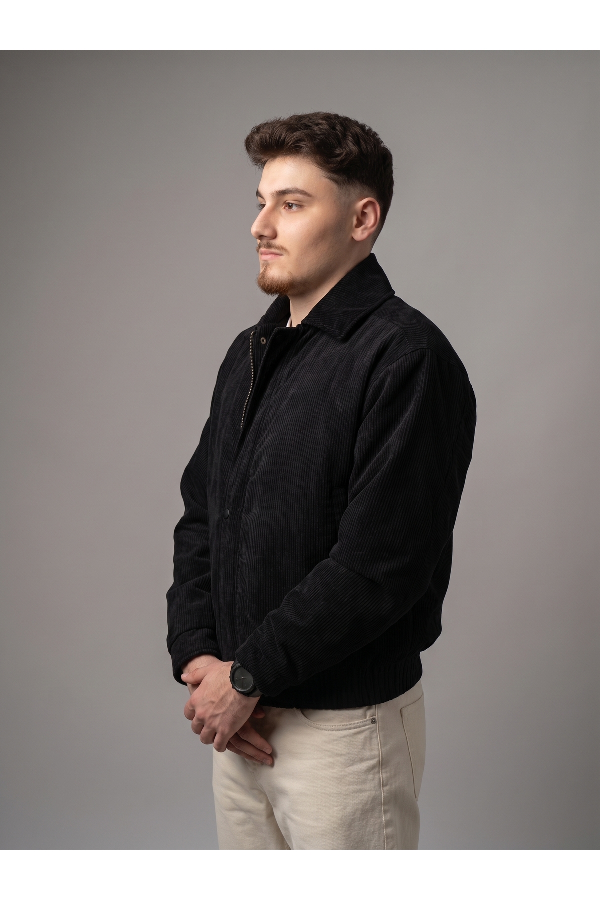 Erkek Fitilli Kadife Bomber Ceket Fermuarlı Çıtçıtlı Mont — مشکی 115 — تصویر 3 از 6