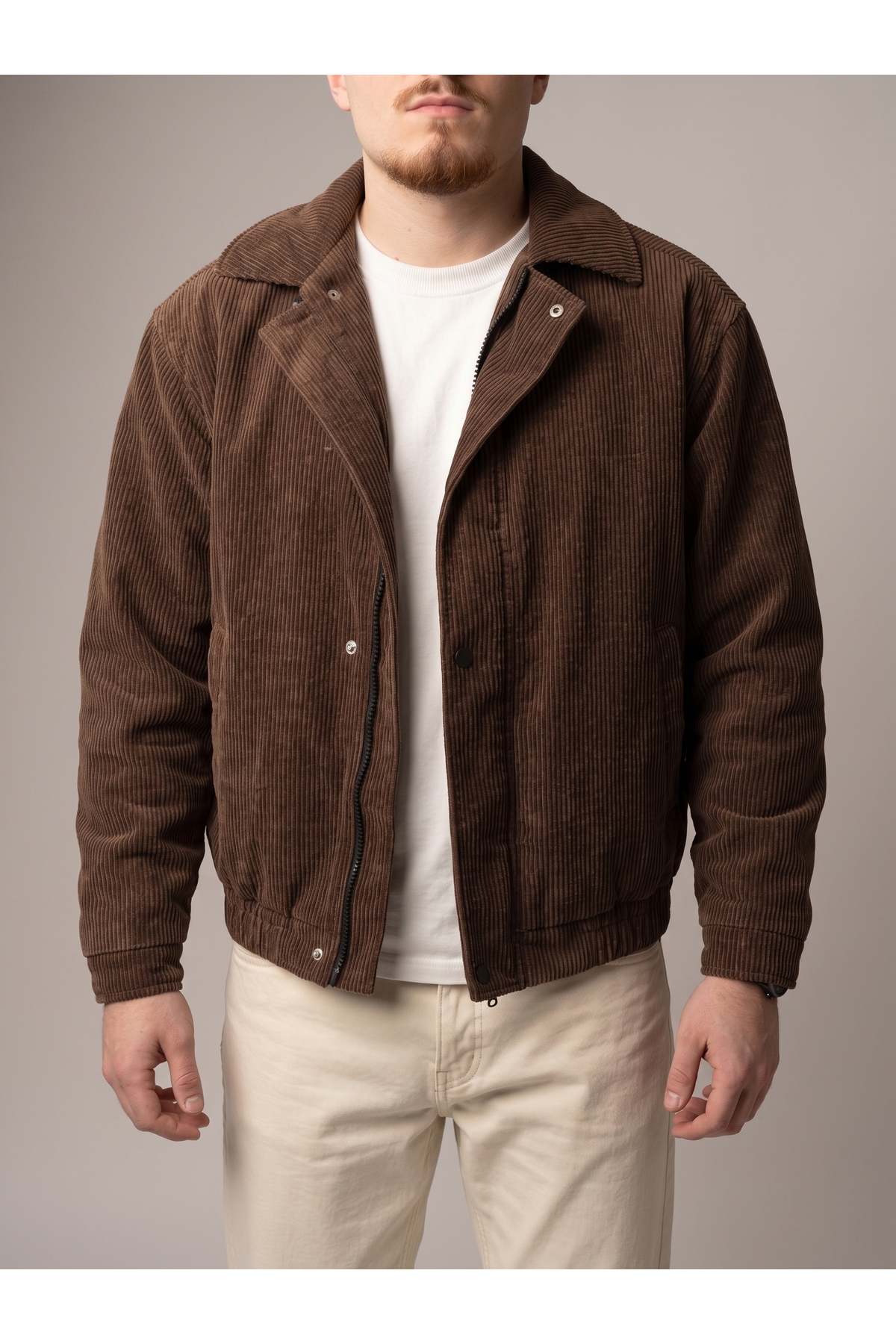 Erkek Fitilli Kadife Bomber Ceket Fermuarlı Çıtçıtlı Mont — قهوه‌ای 115 — تصویر 2 از 5