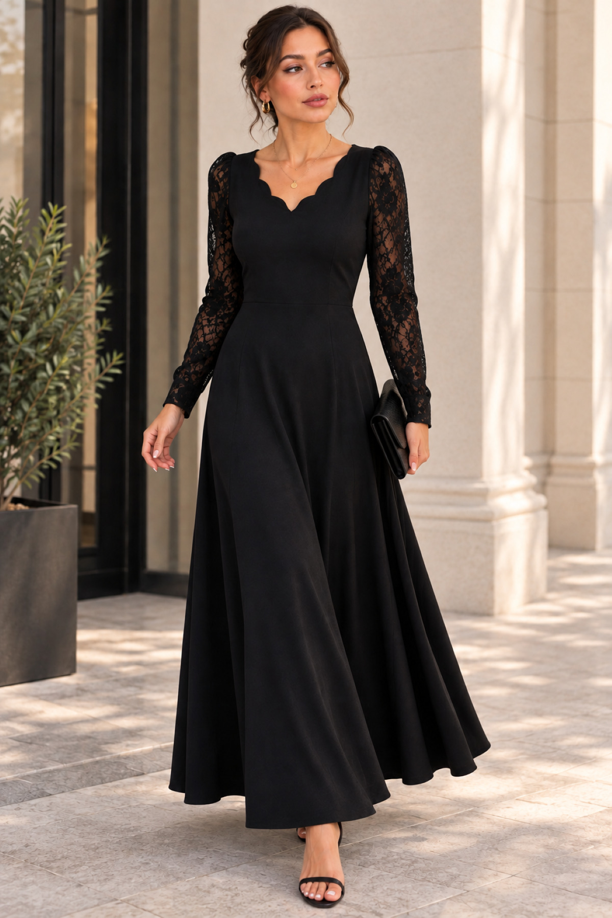 DRESSIFY WOMEN’S FASHION Kadın Uzun Kollu Dalgalı V Yaka Dantel Kol Detaylı Krep Uzun Abiye Elbise görsel 2