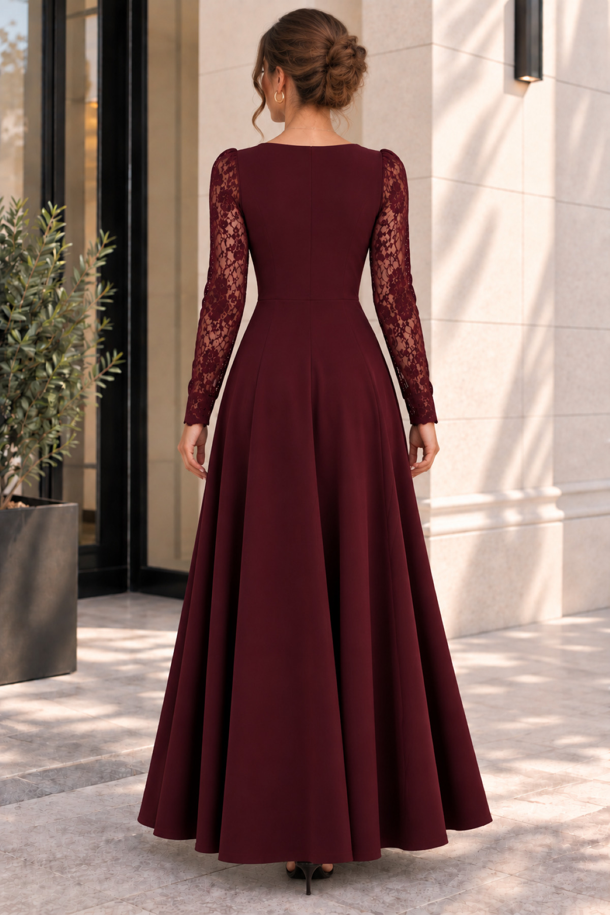 DRESSIFY WOMEN’S FASHION Kadın Uzun Kollu Dalgalı V Yaka Dantel Kol Detaylı Krep Uzun Abiye Elbise görsel 3