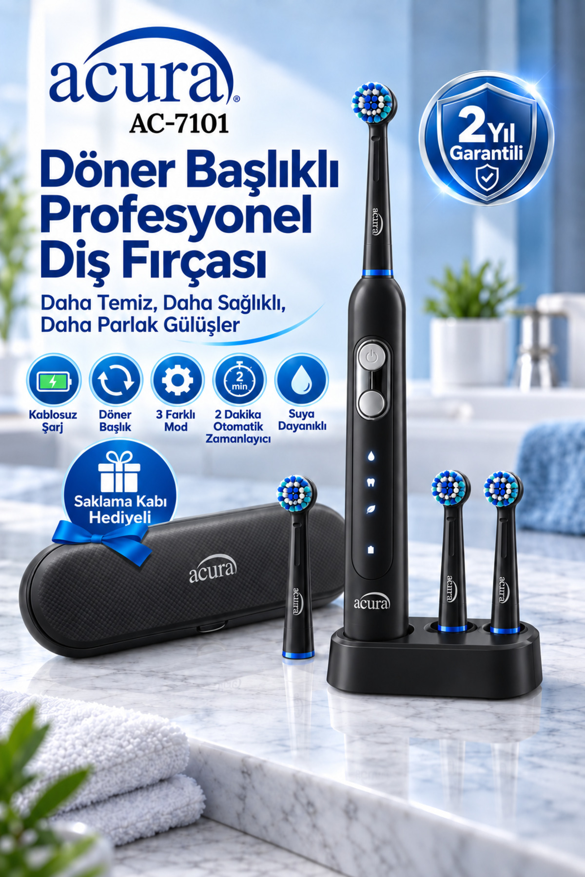 Acura AC-7101 Döner Başlıklı Profesyonel Şarjlı Diş Fırçası