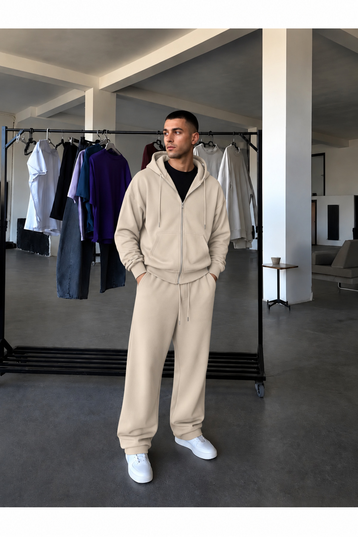 BARLİZ Erkek Fermuarlı Bol Paça Baggy Oversize İkili Eşofman Takımı — بژ BGHRTK2