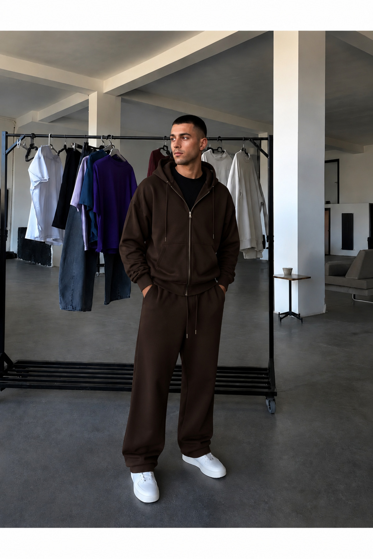BARLİZ Erkek Fermuarlı Bol Paça Baggy Oversize İkili Eşofman Takımı — قهوه‌ای BGHRTK2