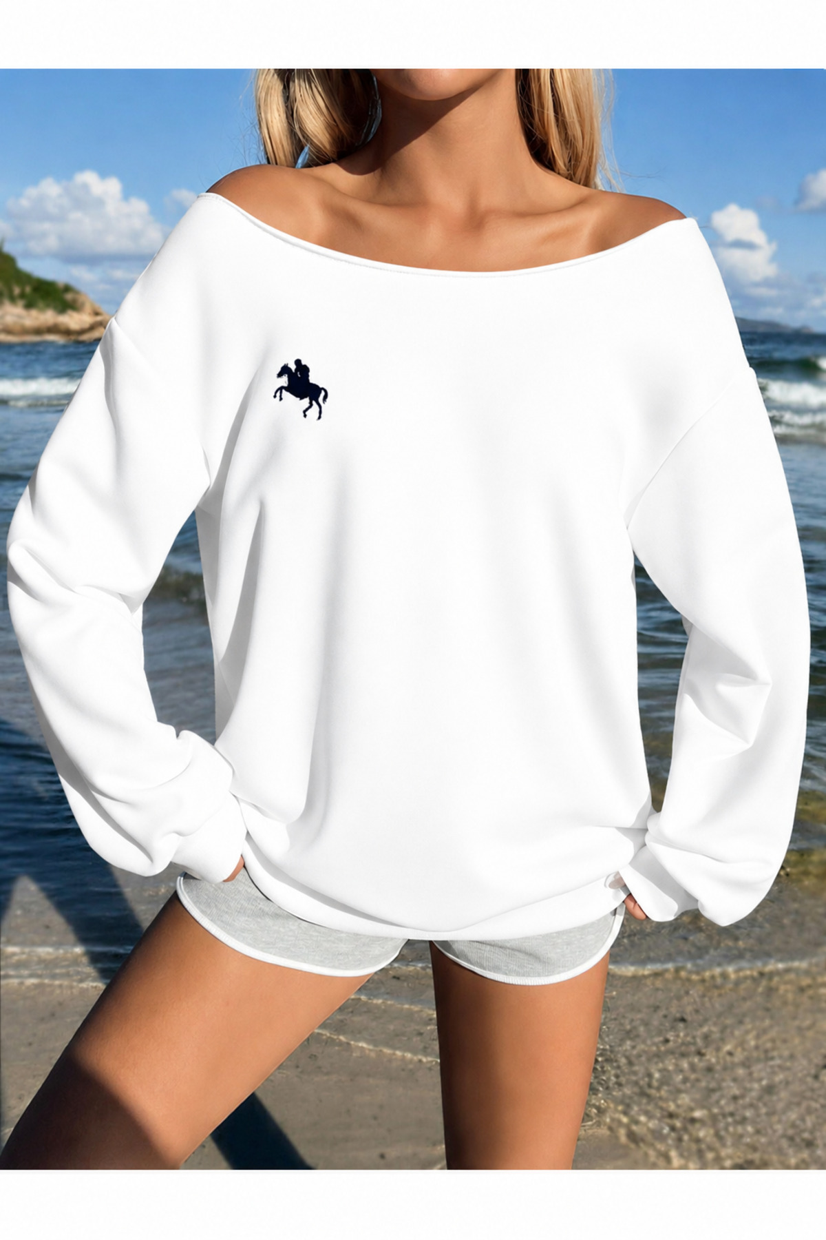 OVER HEAD Kadın Figür At Baskılı Kayık Yaka Oversize Sweatshirt görsel 2