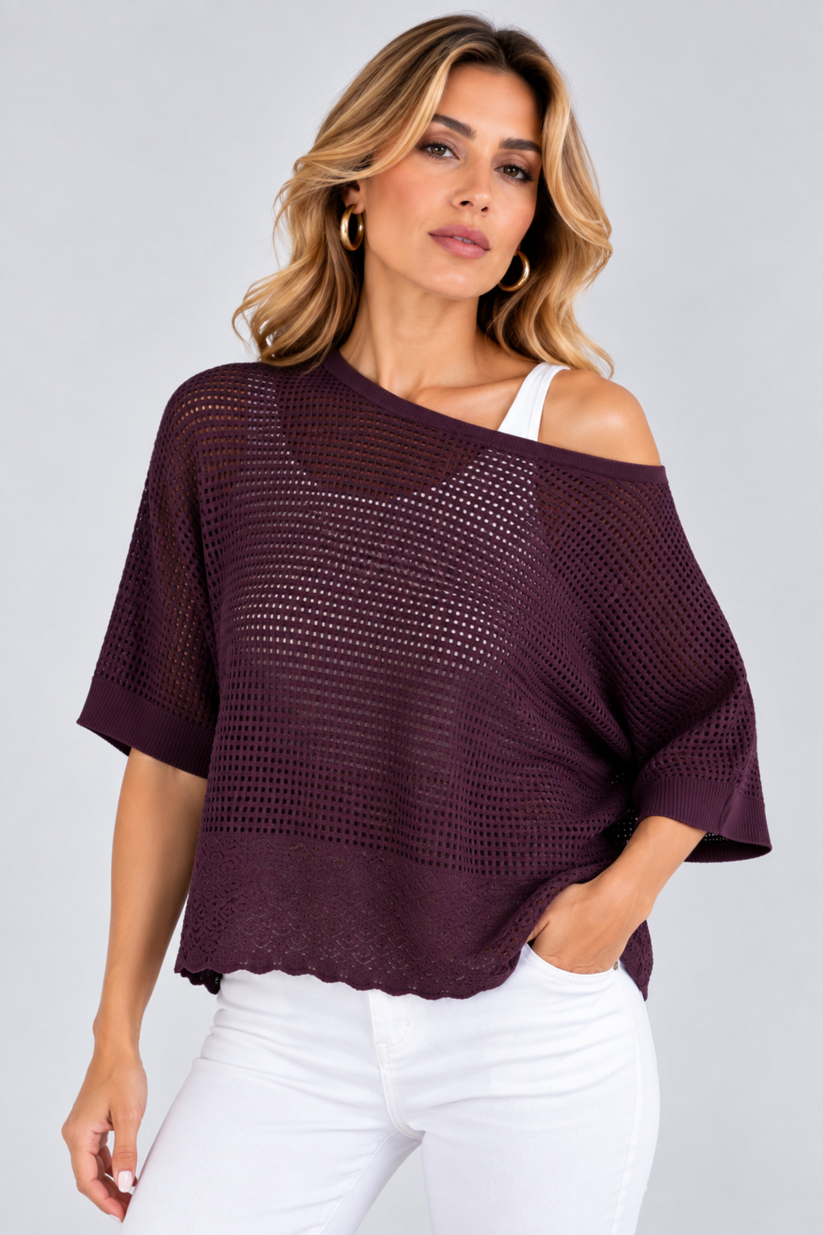 Kadın Ajurlu Örgü Kayık Yaka Yarasa Kollu Oversize Triko Bluz - ŞIK YENİ SEZON