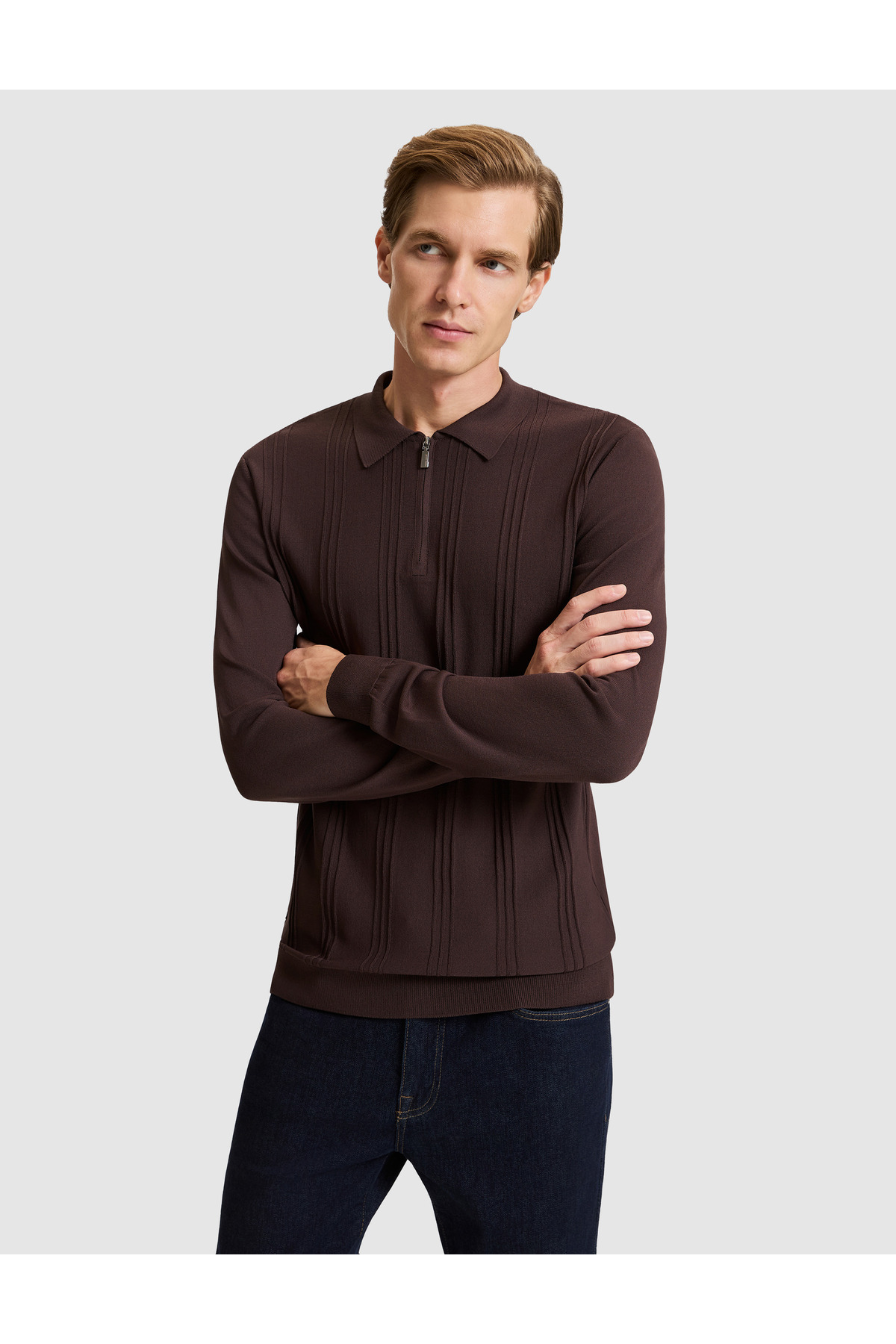 ژاکت بافتنی قهوه‌ای تیره اسلیم فیت ۵۰۳۳۰۱۳۹-VR084 پیر کاردین پلیور Pierre Cardin