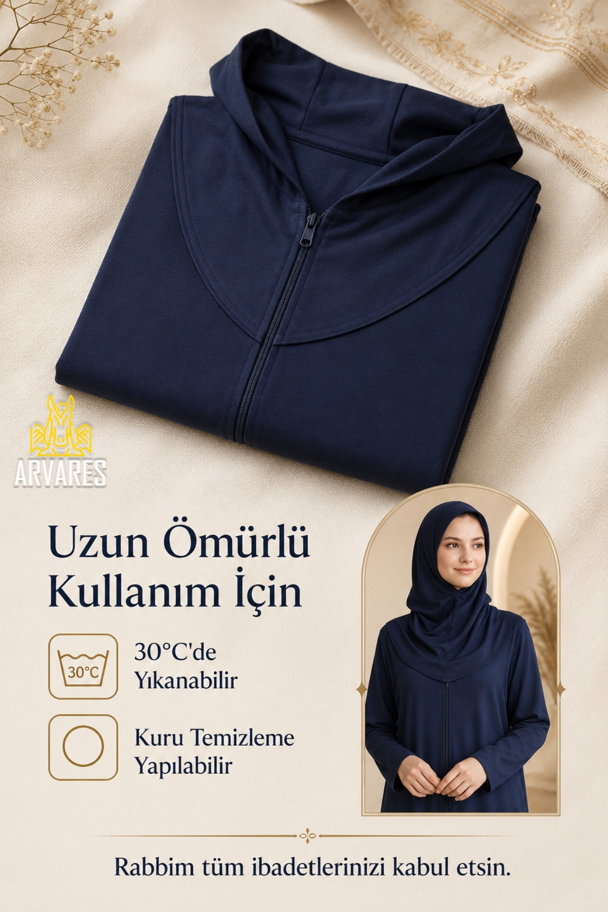 ARVARES Kadın Fermuarlı Tek Parça Kendinden Başörtülü Pamuk Viskon Penye Terletmeyen Namaz Elbisesi görsel 7