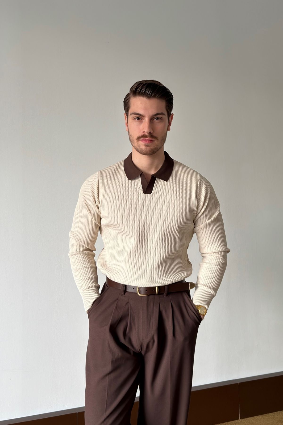 Livio Ferri Atri Çift Renk Dokulu Regular Fit Polo Yaka Bej Erkek Triko Kazak görsel 4
