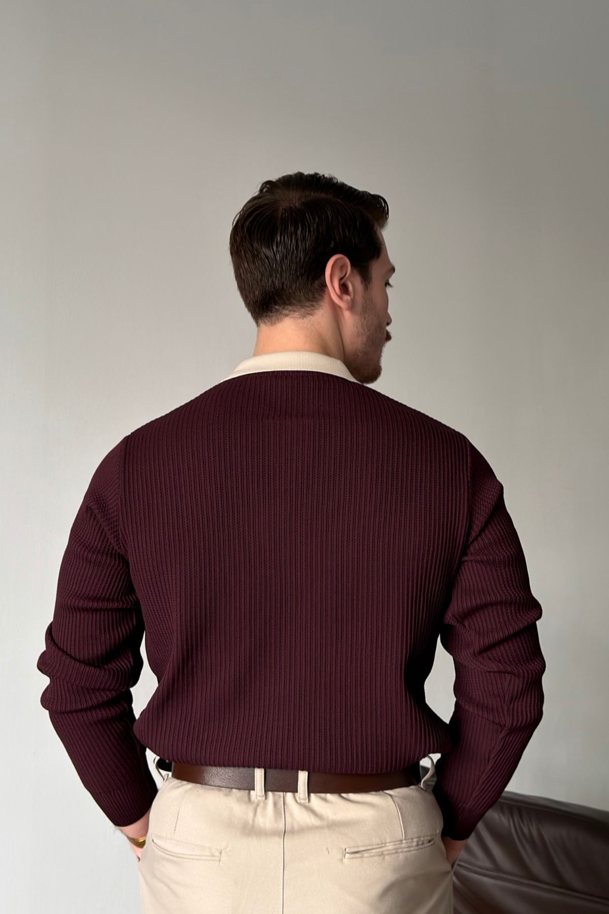 Atri Çift Renk Dokulu Regular Fit Polo Yaka Bordo Erkek Triko Kazak — رنگارنگ 36031 — تصویر 8 از 8