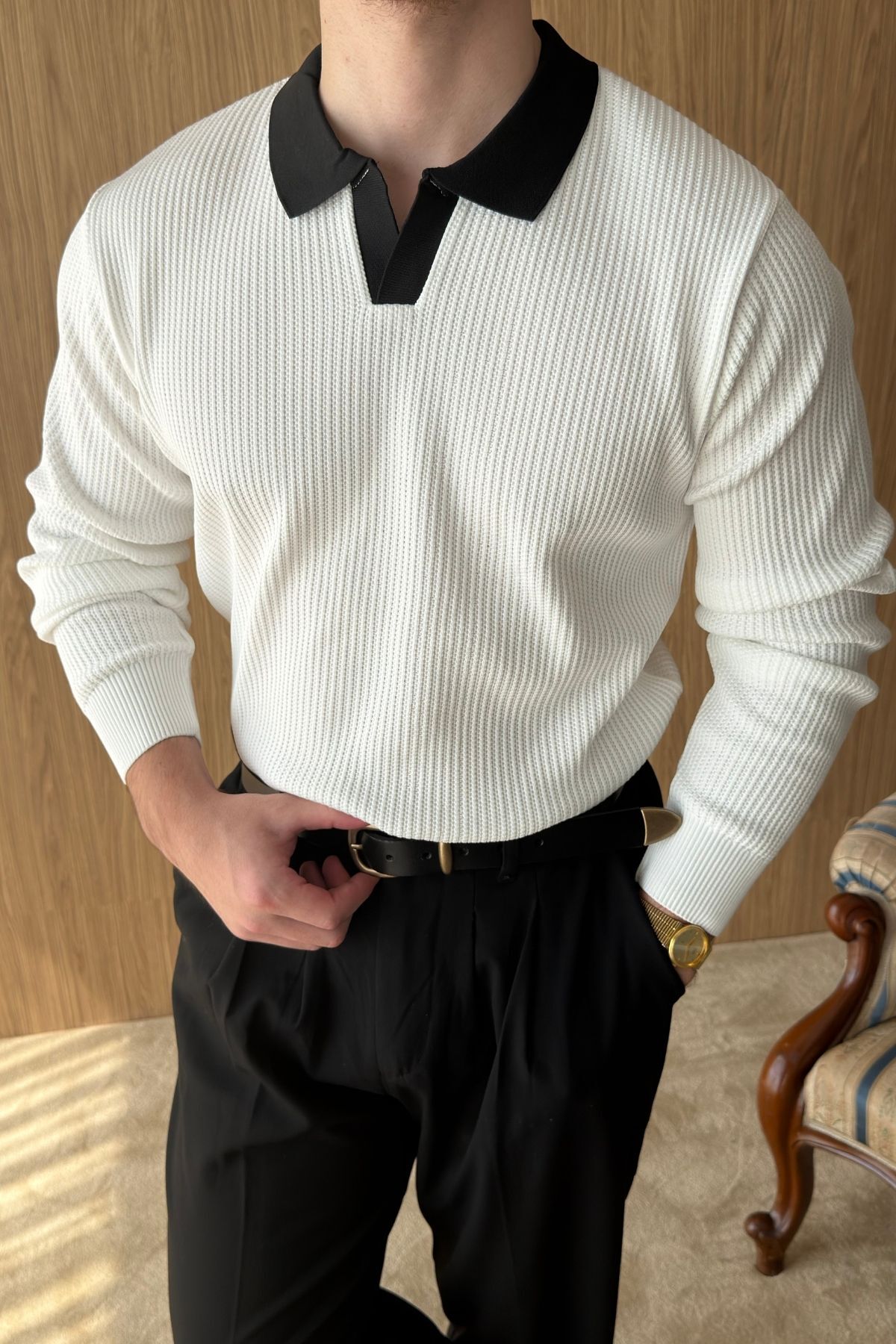 Livio Ferri Atri Çift Renk Dokulu Regular Fit Polo Yaka Beyaz Erkek Triko Kazak