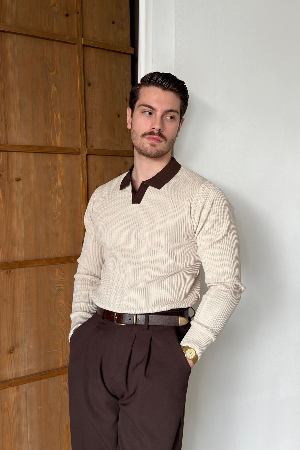 Livio Ferri Atri Çift Renk Dokulu Regular Fit Polo Yaka Bej Erkek Triko Kazak görsel 7