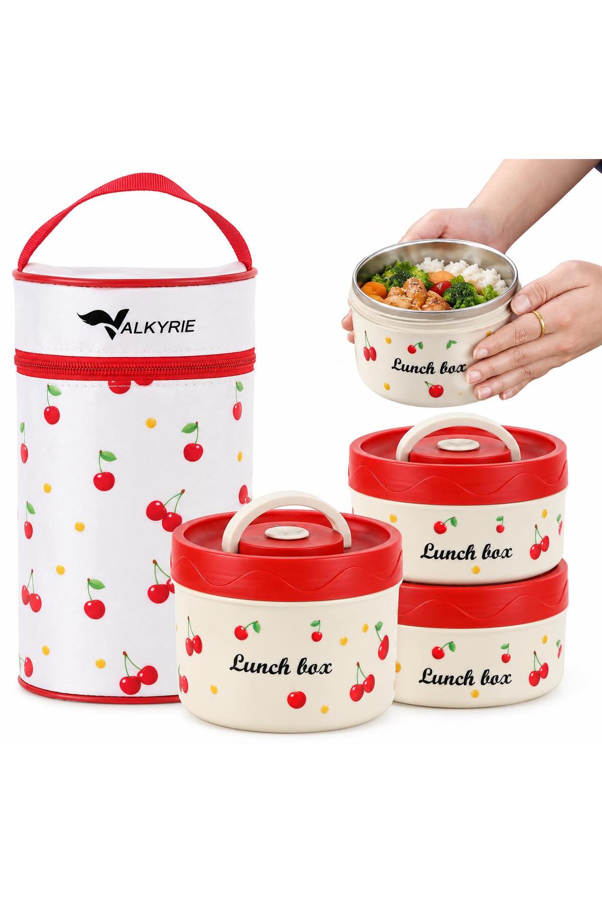 valkyrie 3 Katlı Paslanmaz Çelik Kirazlı Yemek Termosu Lunch Box 1390 ml Taşıma Çantalı Isı Yalıtımlı