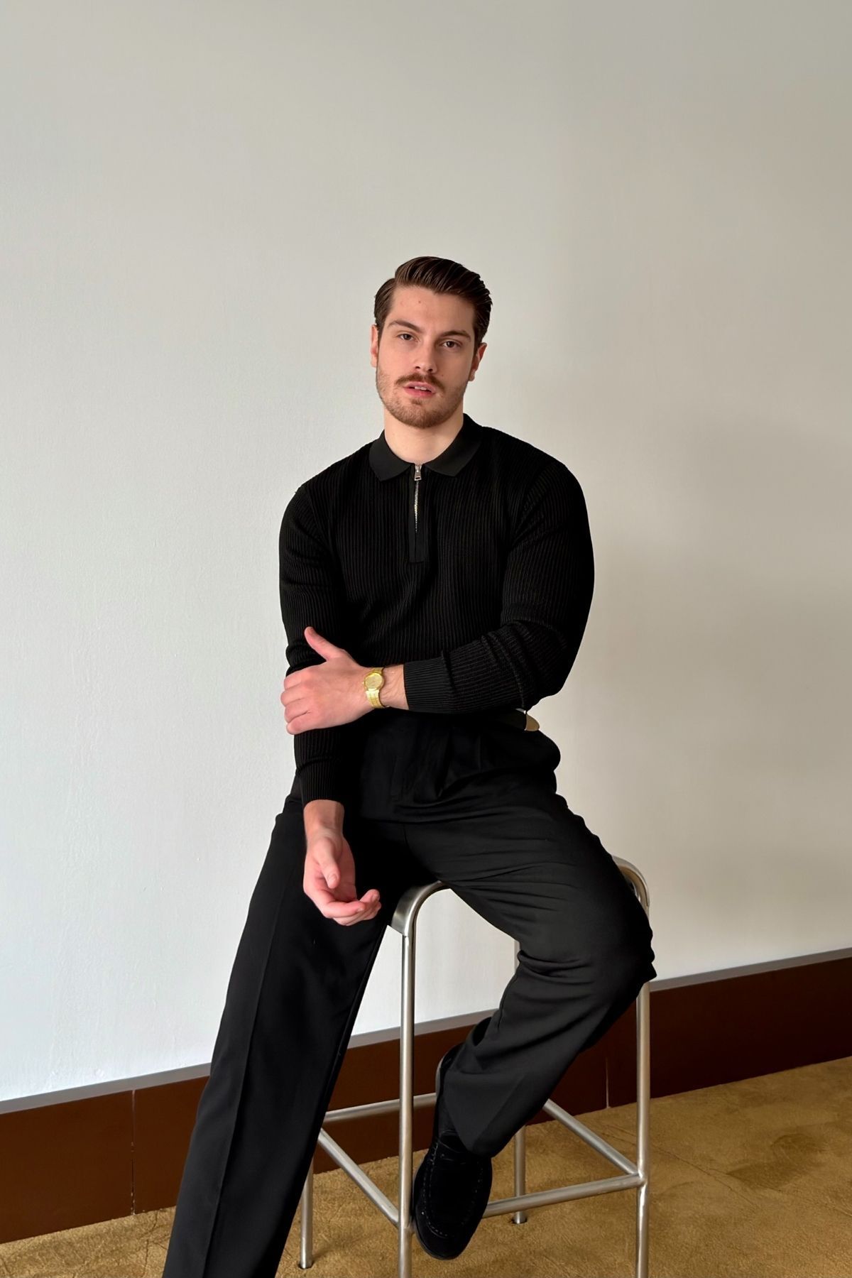 Noli Dokulu Yarım Fermuarlı Polo Yaka Regular Fit Siyah Erkek Triko Kazak — رنگارنگ 36032 — تصویر 4 از 8