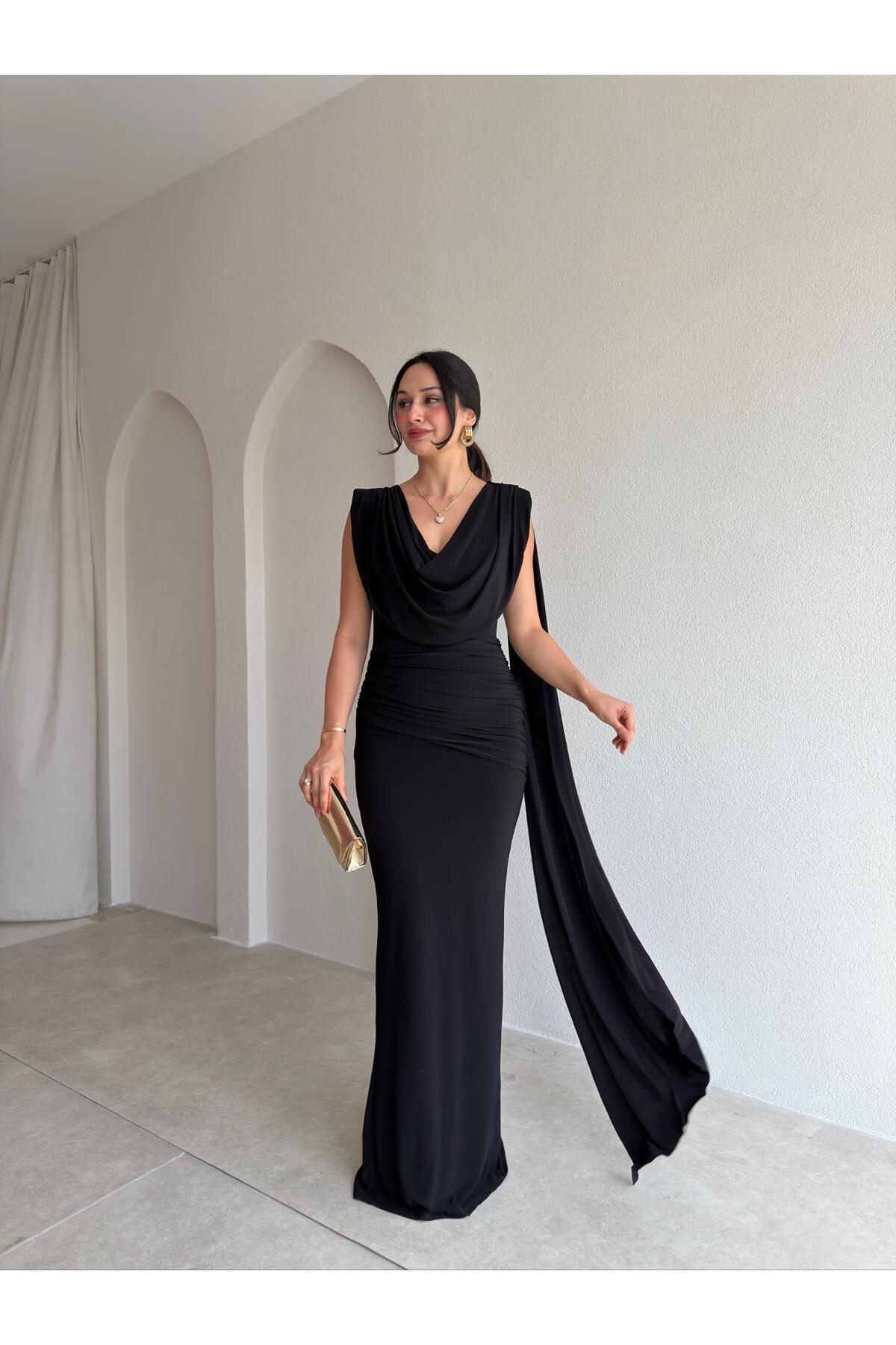 Mooi Butik JOLENTA Maxi Elbise 4156 - Siyah