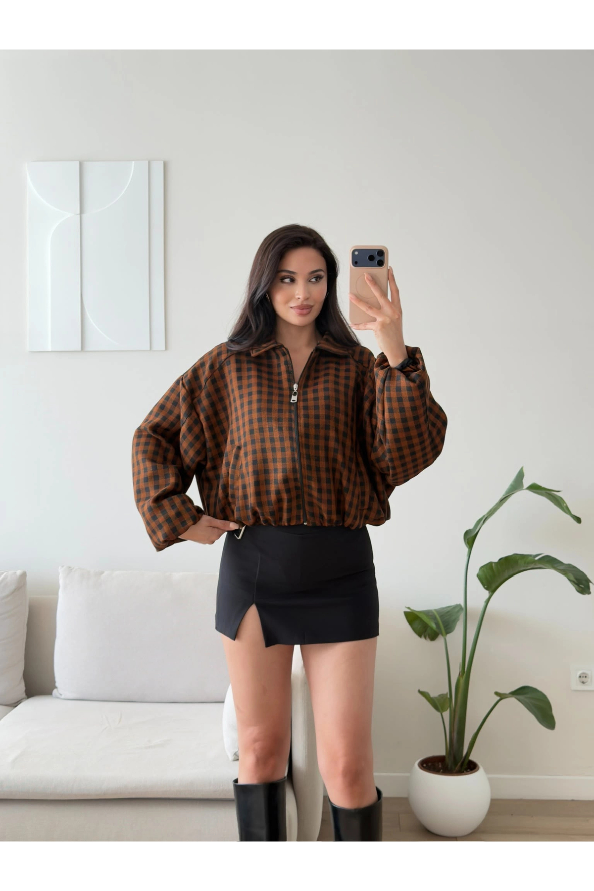 Zoom Butik Ekose Desen Oversize Mont - KAHVE