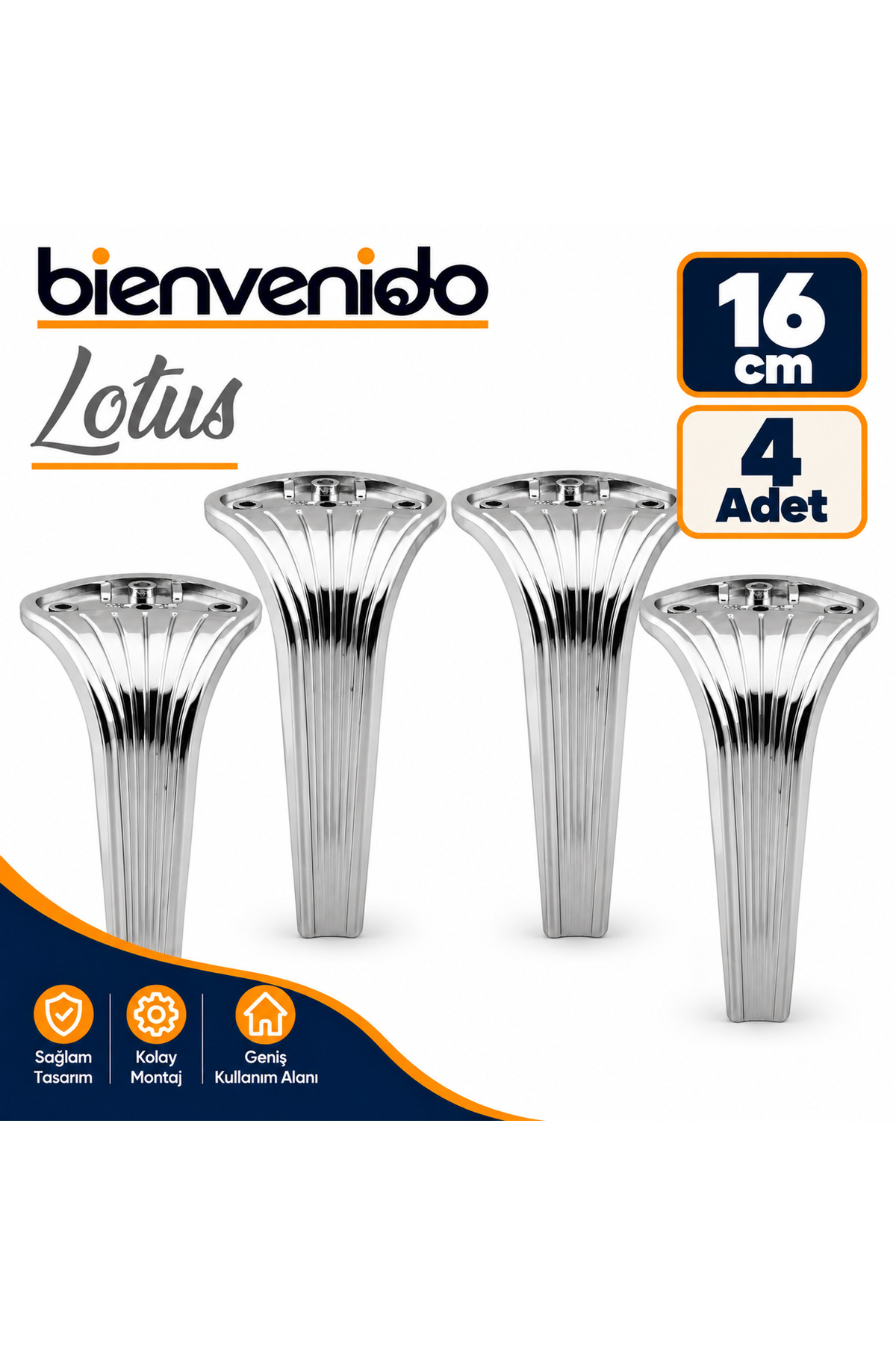 Lotus Krom 16 cm Lüks Mobilya Ayağı Kanepe Sehpa Tv Ünitesi Koltuk Parlak Krom Baza Ayakları 4 Adet BIE-LOT-16-KRM-01, one size