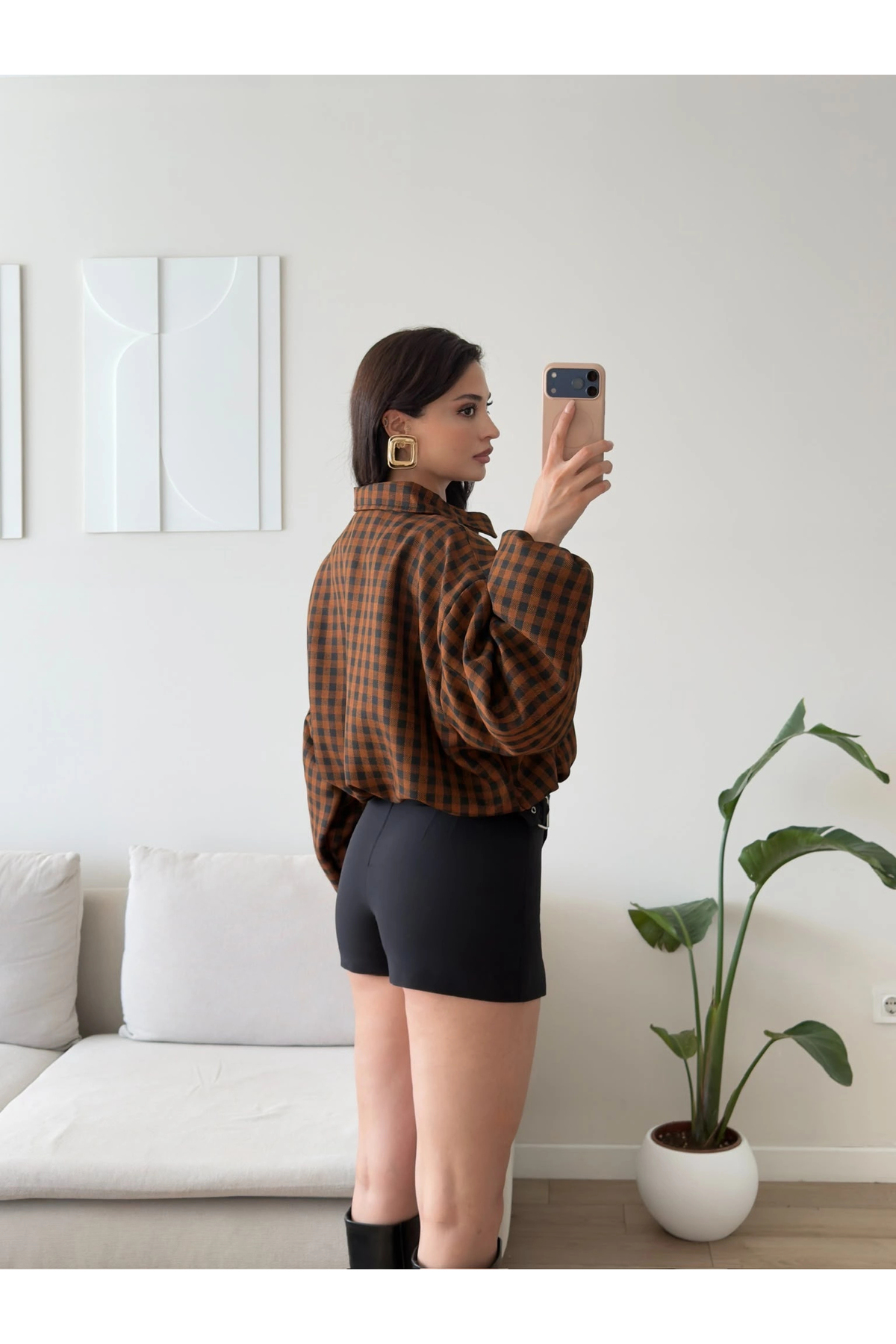 Zoom Butik Ekose Desen Oversize Mont - KAHVE görsel 2