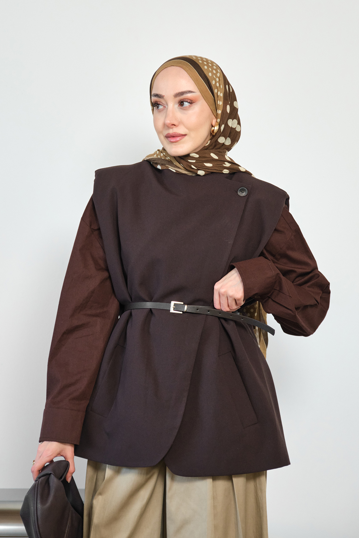 LOCCO Women's Asymmetrical Cut Leather Belted Lined Vest Bitter