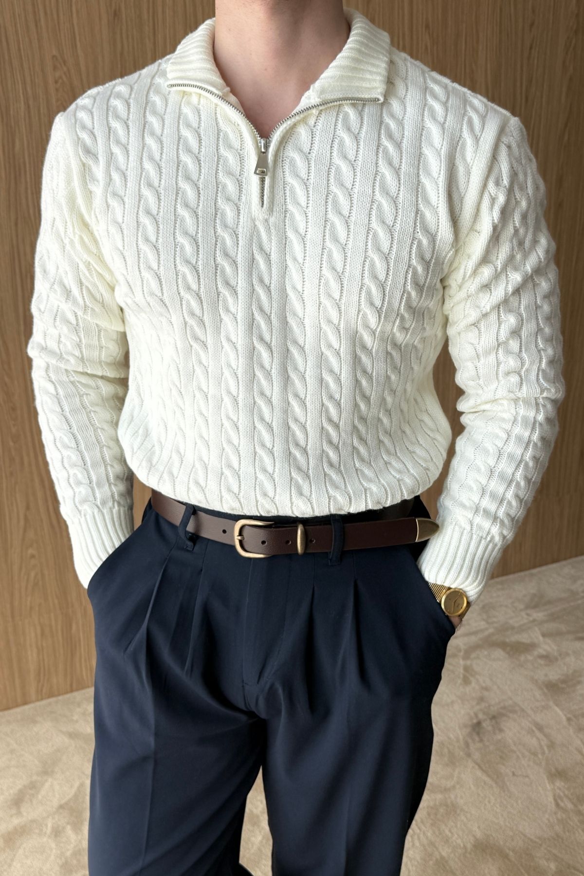 Alba Premium Saç Örgü Yarım Fermuarlı Dik Yaka Beyaz Erkek Triko Kazak — رنگارنگ 04067