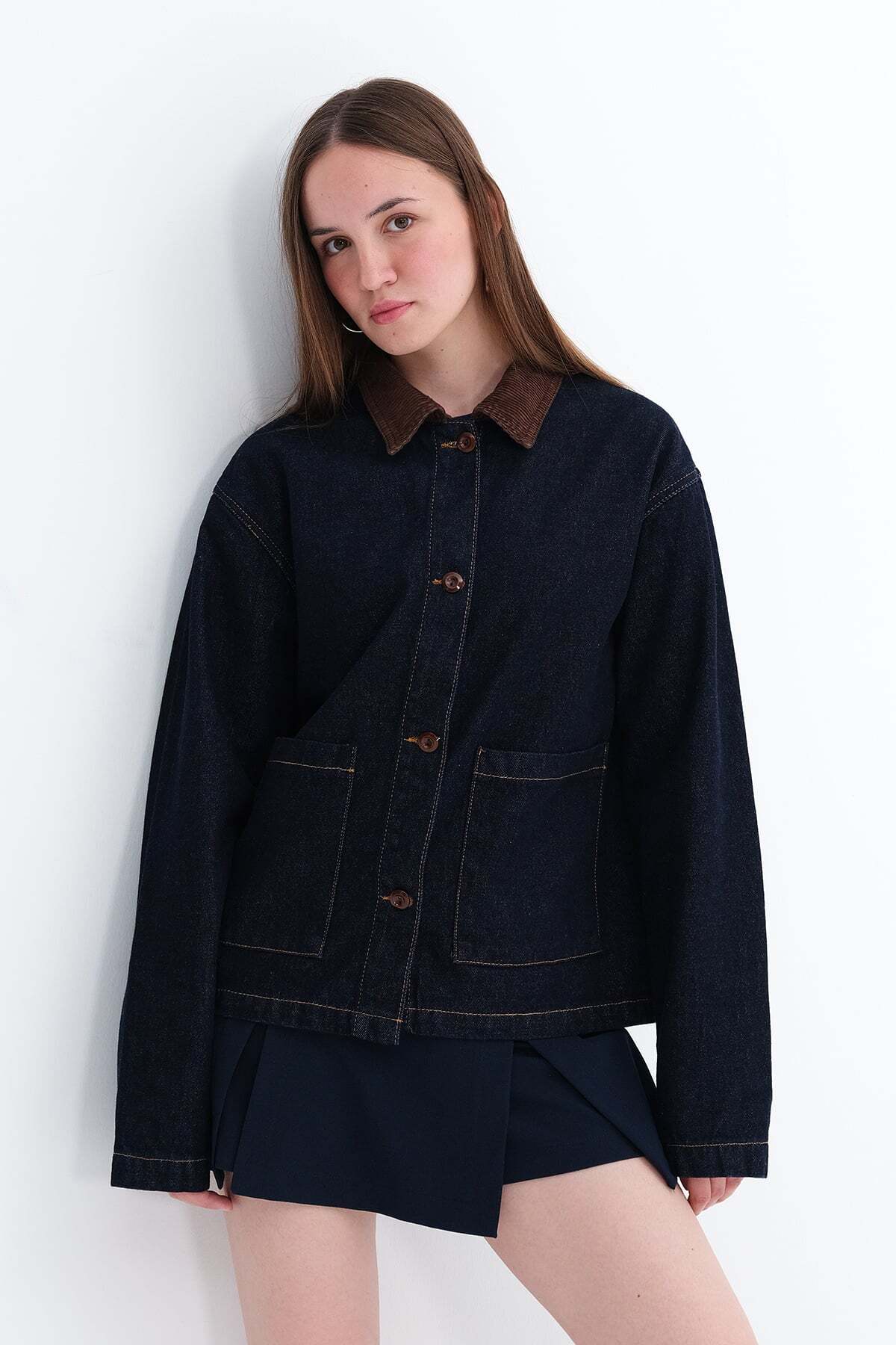 Addax Kadife Yaka Cepli Denim Ceket C26004