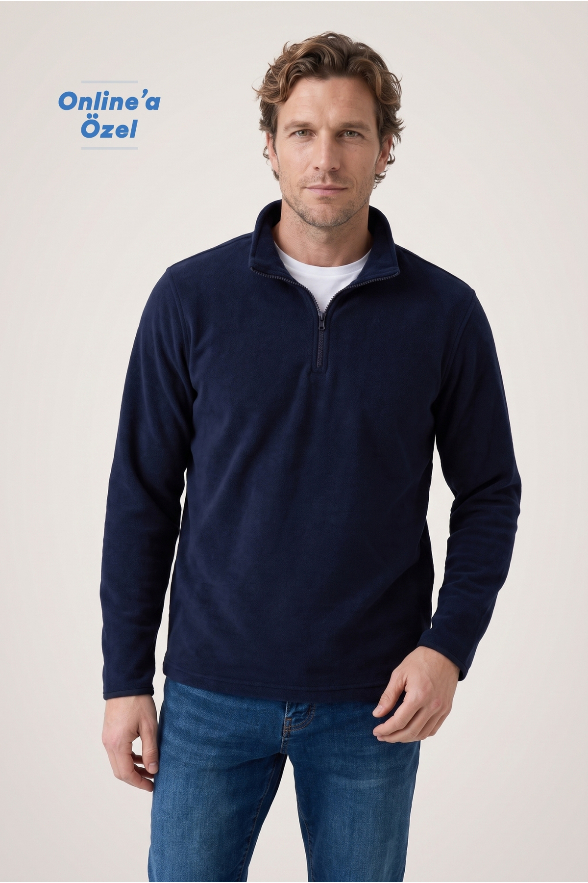 Kiğılı Fermuarlı Bato Yaka Regular Fit Polar Sweatshirt — سرمه‌ای KK27C00000038