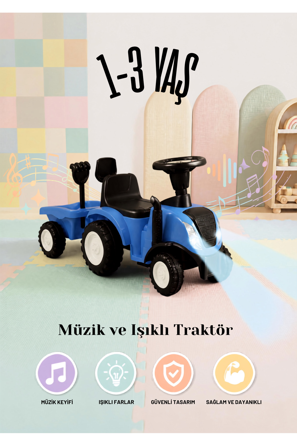 PRO Toys İlk Maceram 3'ü 1 Arada Işıklı & Müzikli Ve Römorklu Mini Traktör / İttirmeli Araba / Bingit