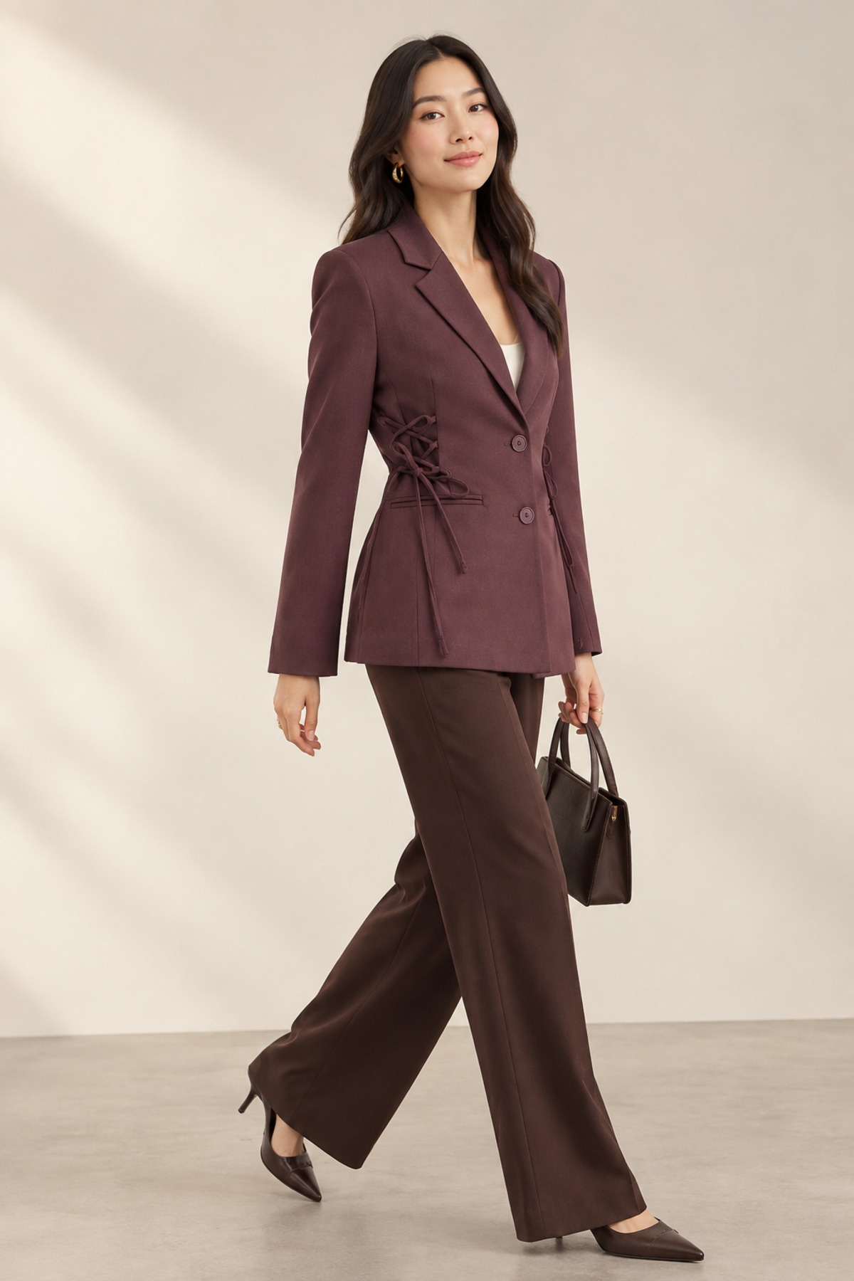 Bolivente Kadın Mürdüm Fitted Blazer Ceket, Yandan Bağlamalı Vücuda Oturan Dokuma Ceket görsel 5