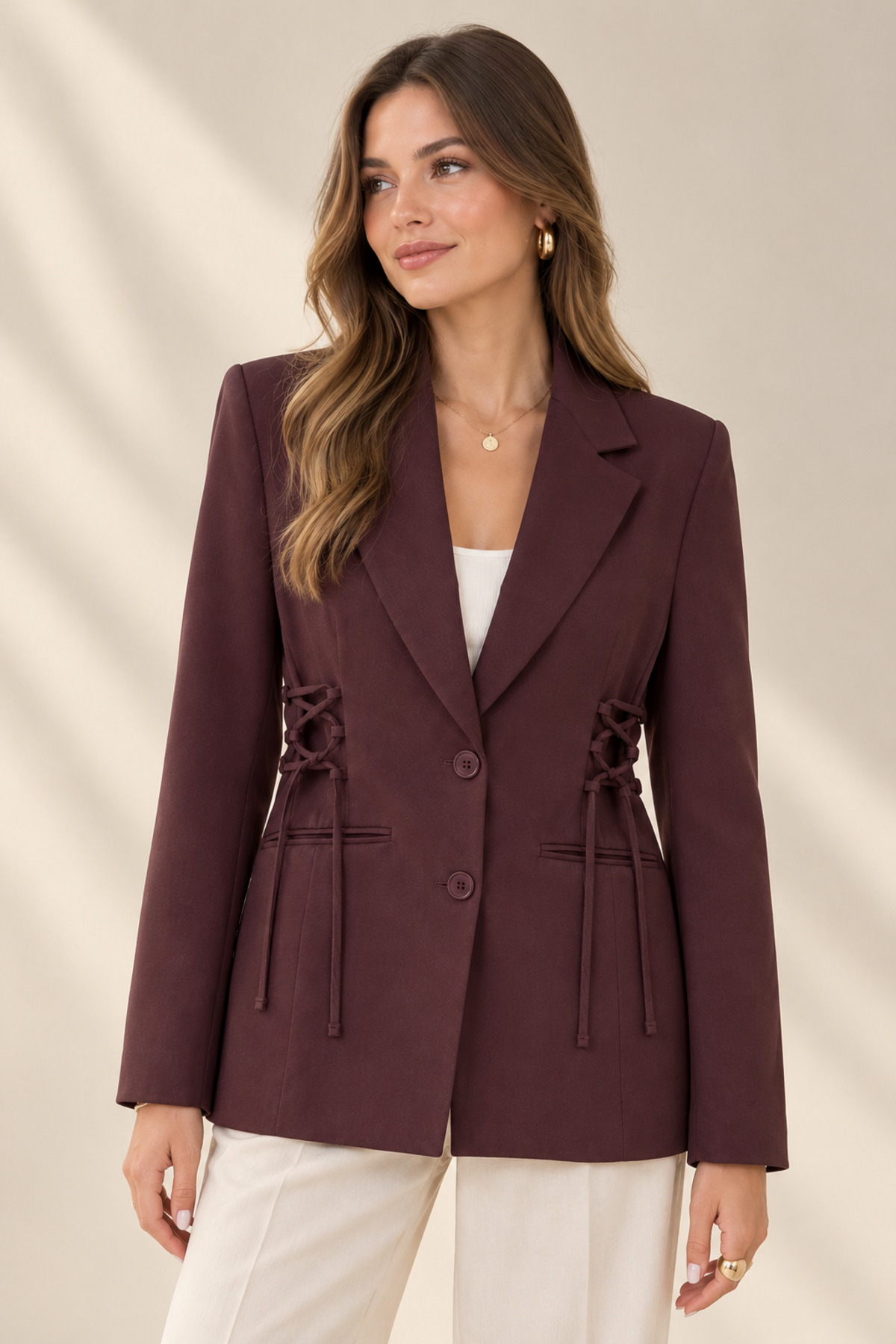 Bolivente Kadın Mürdüm Fitted Blazer Ceket, Yandan Bağlamalı Vücuda Oturan Dokuma Ceket görsel 4